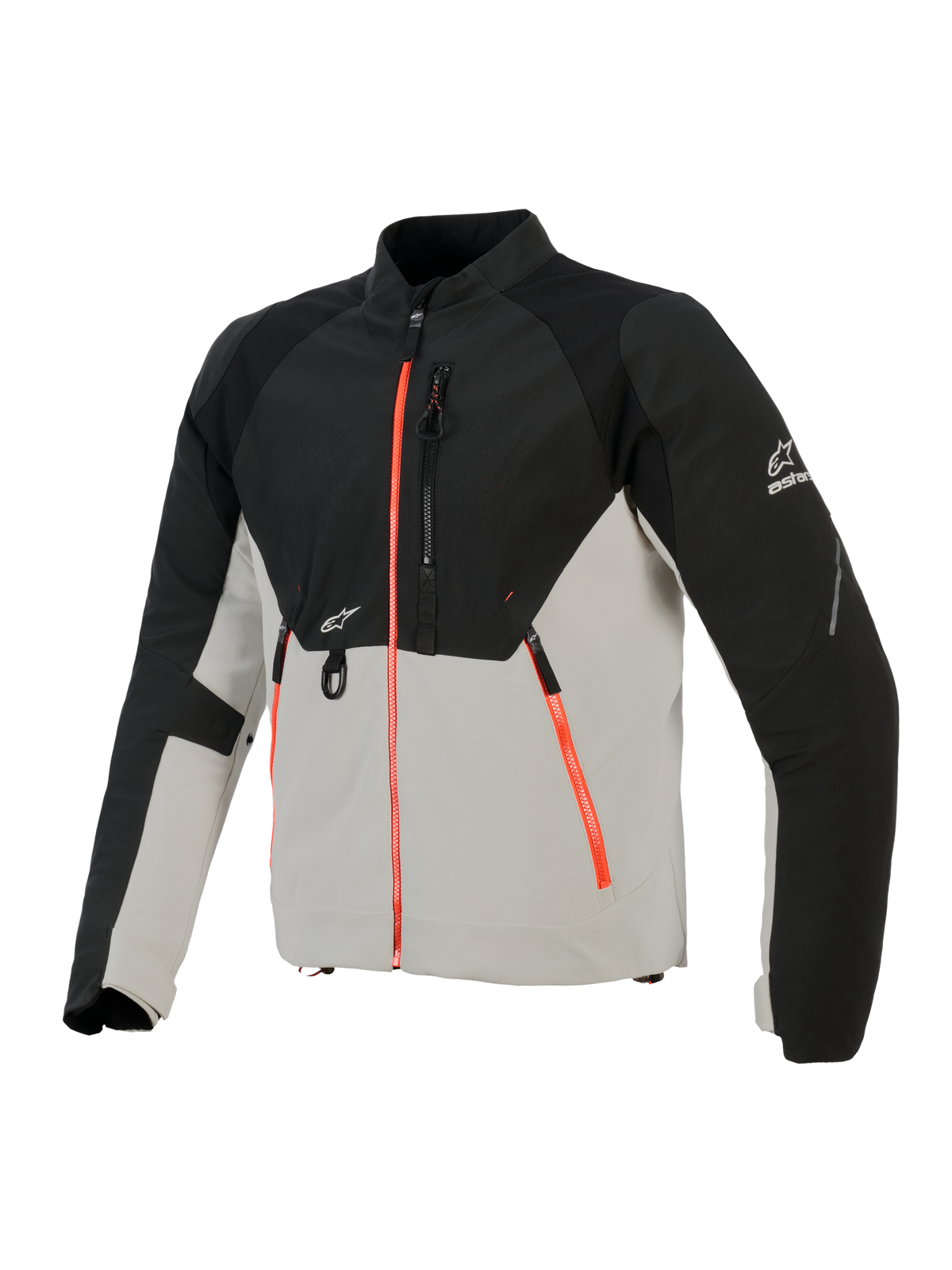 Alpinestars Provoke Jacket, Urban Motorcycle Jacket, Black and Metal Gray with fluorescent red zipper accents, featuring laser-perforated chest panels, ripstop softshell reinforcements, and front D-ring attachment, street-ready design for warm-weather riding