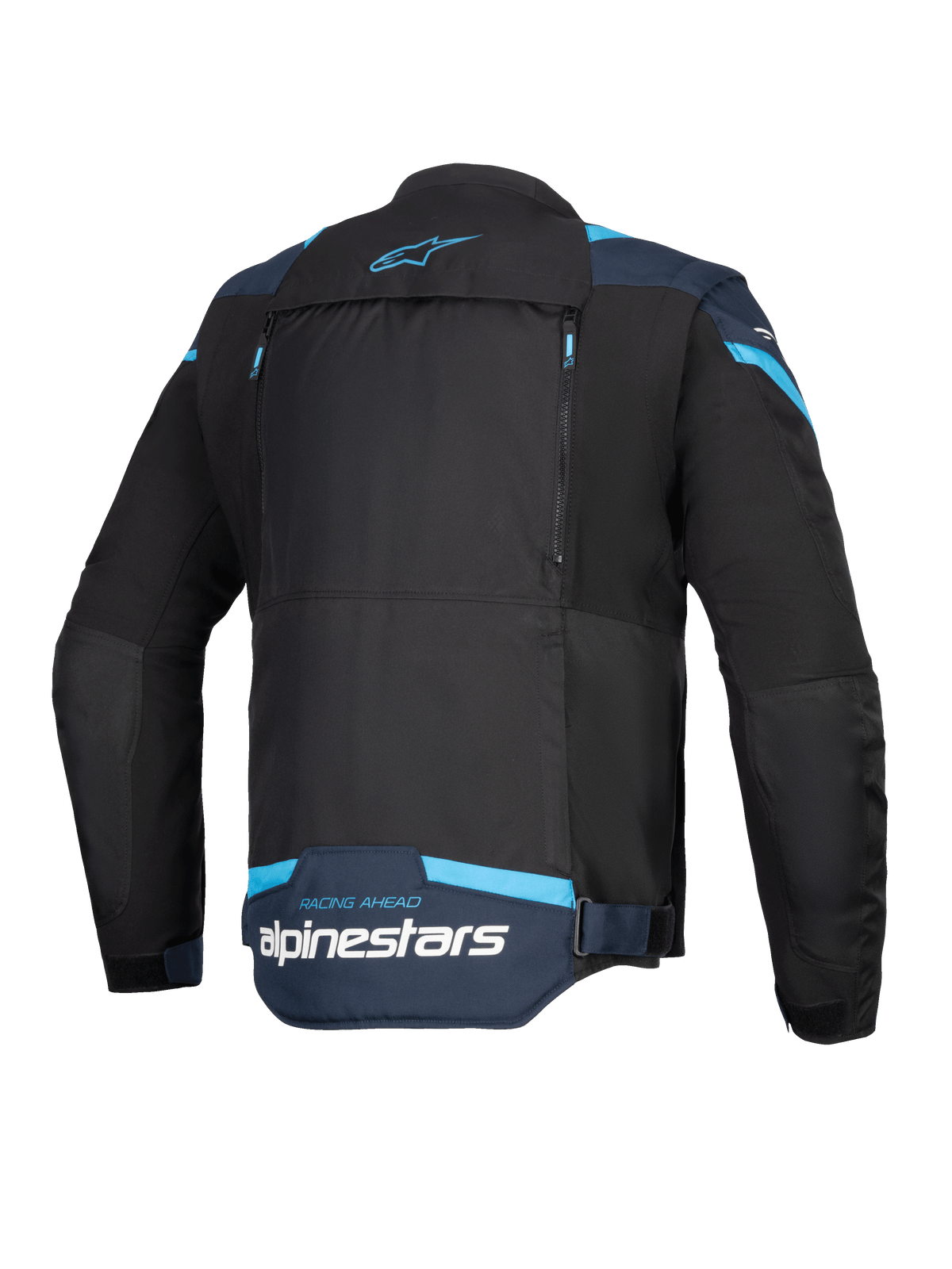 Alpinestars T-Stunt Air Jacket, Motorcycle Jacket, Black Dark Blue and Bright Blue, Rear view showing large modular back panel with zippers, Alpinestars branding and 'Racing Ahead' text on the lower back.