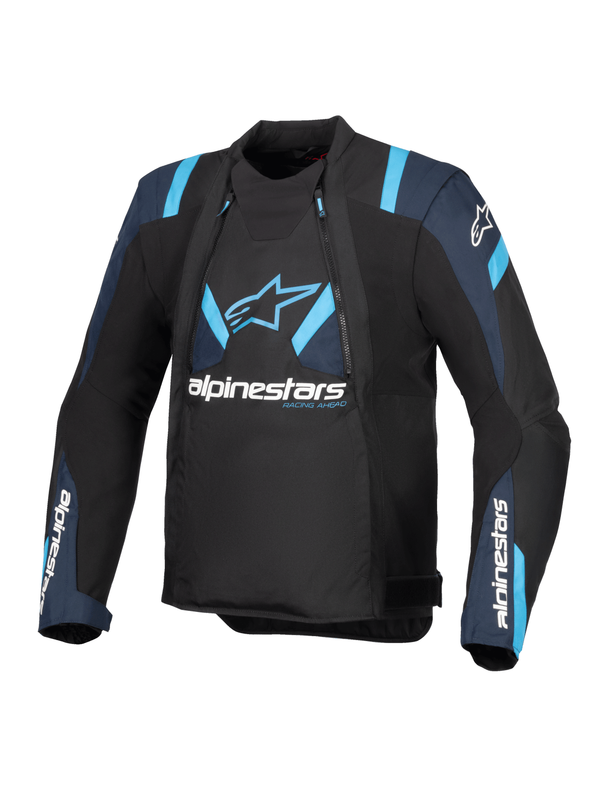 Alpinestars T-Stunt Air Jacket, Black with Dark Blue and Bright Blue accents, textile motorcycle jacket with modular mesh panels, Alpinestars branding on the chest and sleeves, sleek sport-cut design
