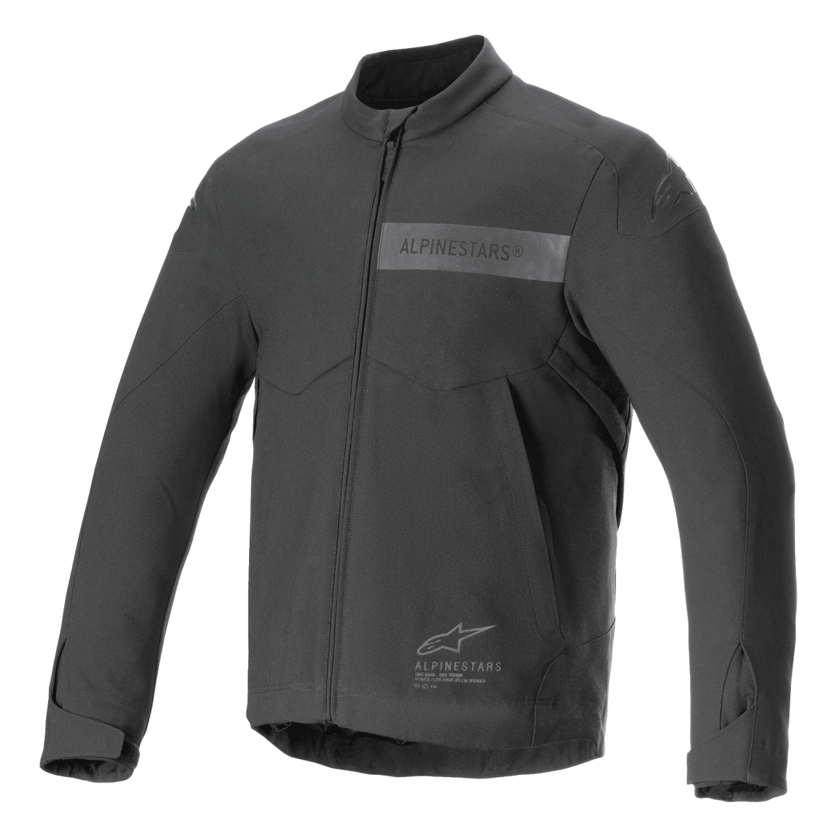 Alpinestars Aeron Jacket, Motorcycle Jacket, Black, minimalist summer riding design, featuring a high collar, full-length front zipper, tonal Alpinestars branding on the chest, and adjustable cuffs