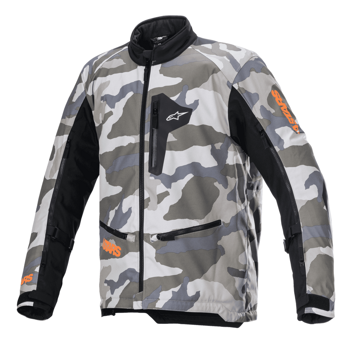 Alpinestars Venture XT Jacket, Motorcycle Adventure Touring Jacket, Mojave Camo in shades of gray and white with orange fluo accents, black textile panels on sleeves, zippered chest and waist pockets, high collar, durable textile construction for off-road adventure