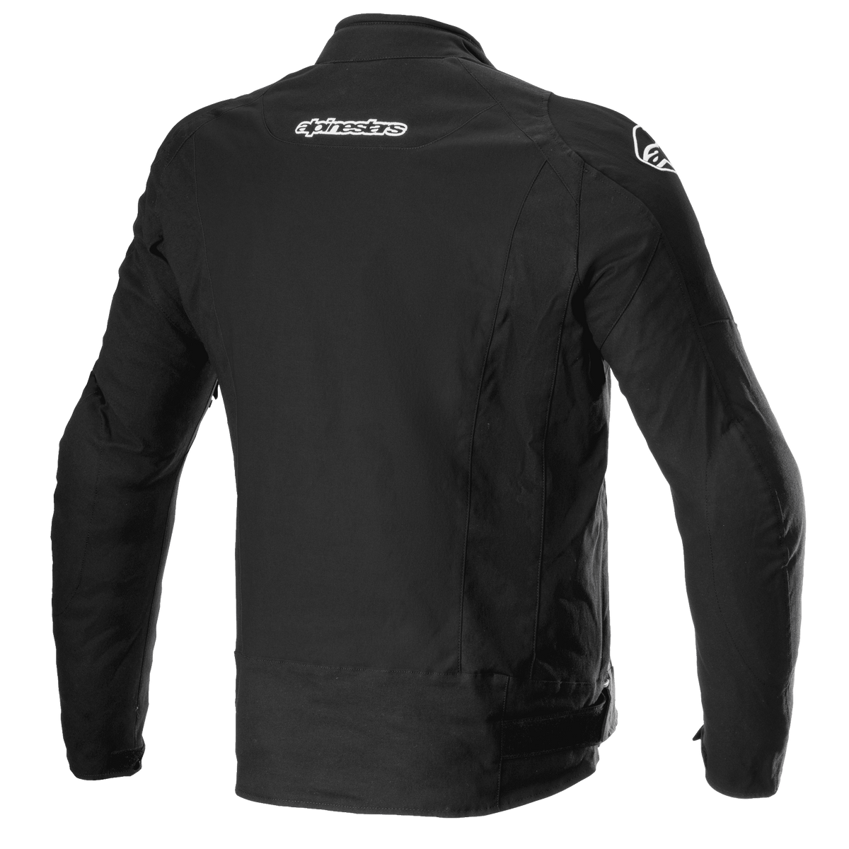 Alpinestars T-GP Force Jacket, Textile Motorcycle Jacket, Black, rear view showing Alpinestars branding on the upper back and shoulders, sleek sport-tailored design.