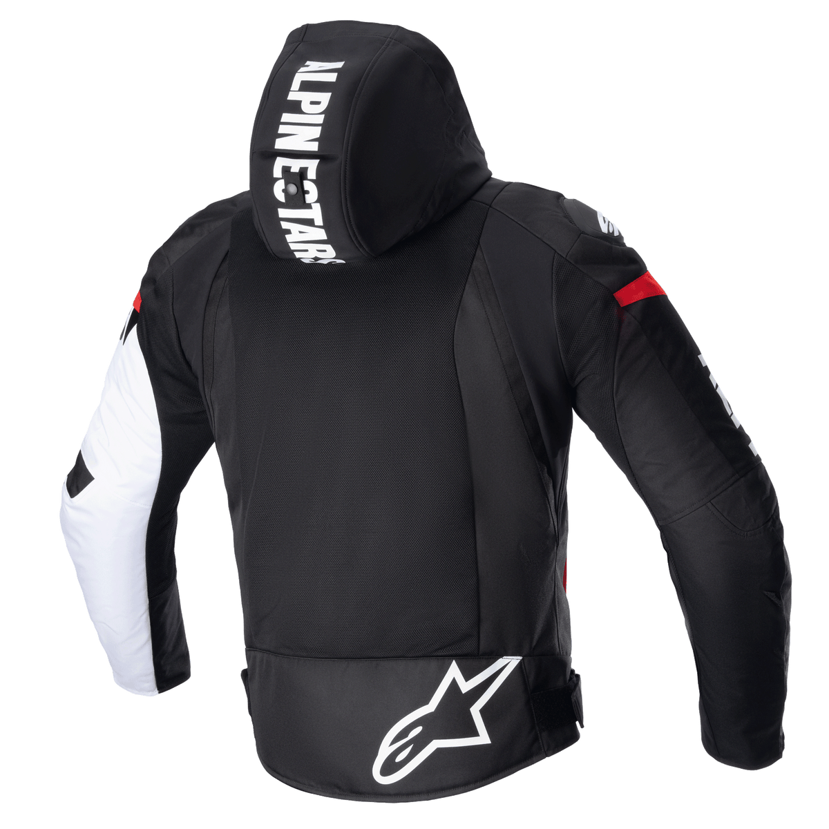 Alpinestars Zaca Air Jacket, Textile Motorcycle Jacket, Black White and Red Fluo, rear view featuring a detachable hood with bold branding, large 3D mesh back panel for ventilation, and a white Astars logo on the lower back.