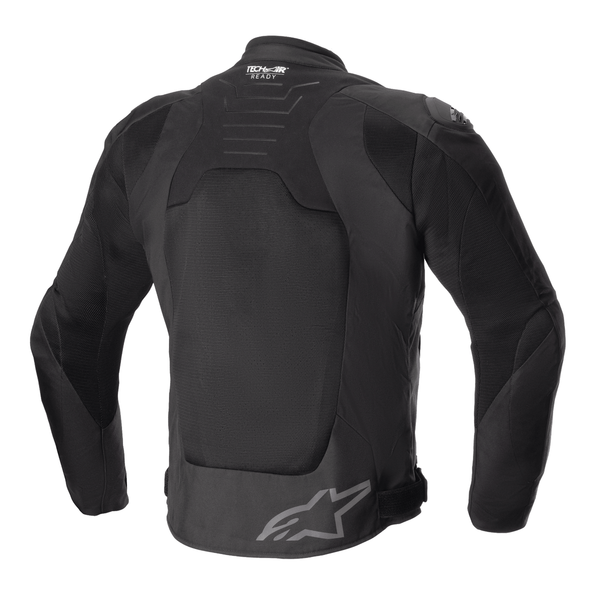 Alpinestars SMX Air Jacket, Black, Back View, featuring large tech mesh panels for ventilation, Tech-Air Ready branding on the upper back, Alpinestars star logo on the lower back, sport-style textile motorcycle jacket.