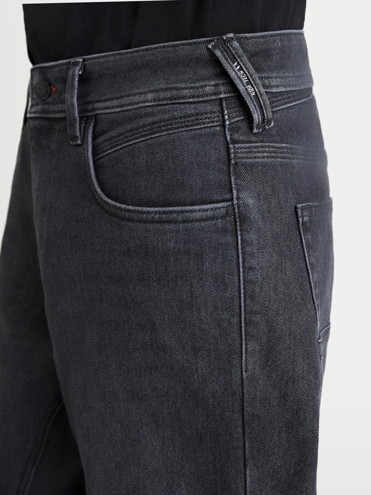 Alpinestars Flex-AST 7 Denim Pants, men's urban motorcycle riding jeans, faded black, close-up view of the front pocket and branded belt loop detail