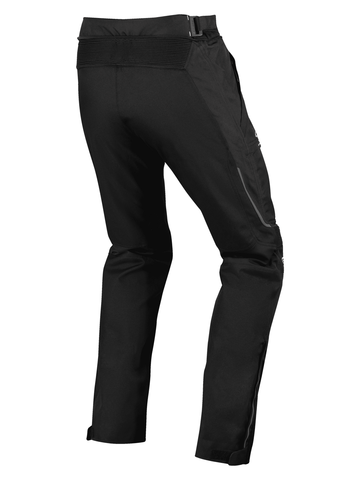 Alpinestars Ramjet Air Pants, Motorcycle Road Pants, Black, back view featuring accordion stretch panel at the waist, multi-panel textile construction, and zippered leg gussets for a secure fit.