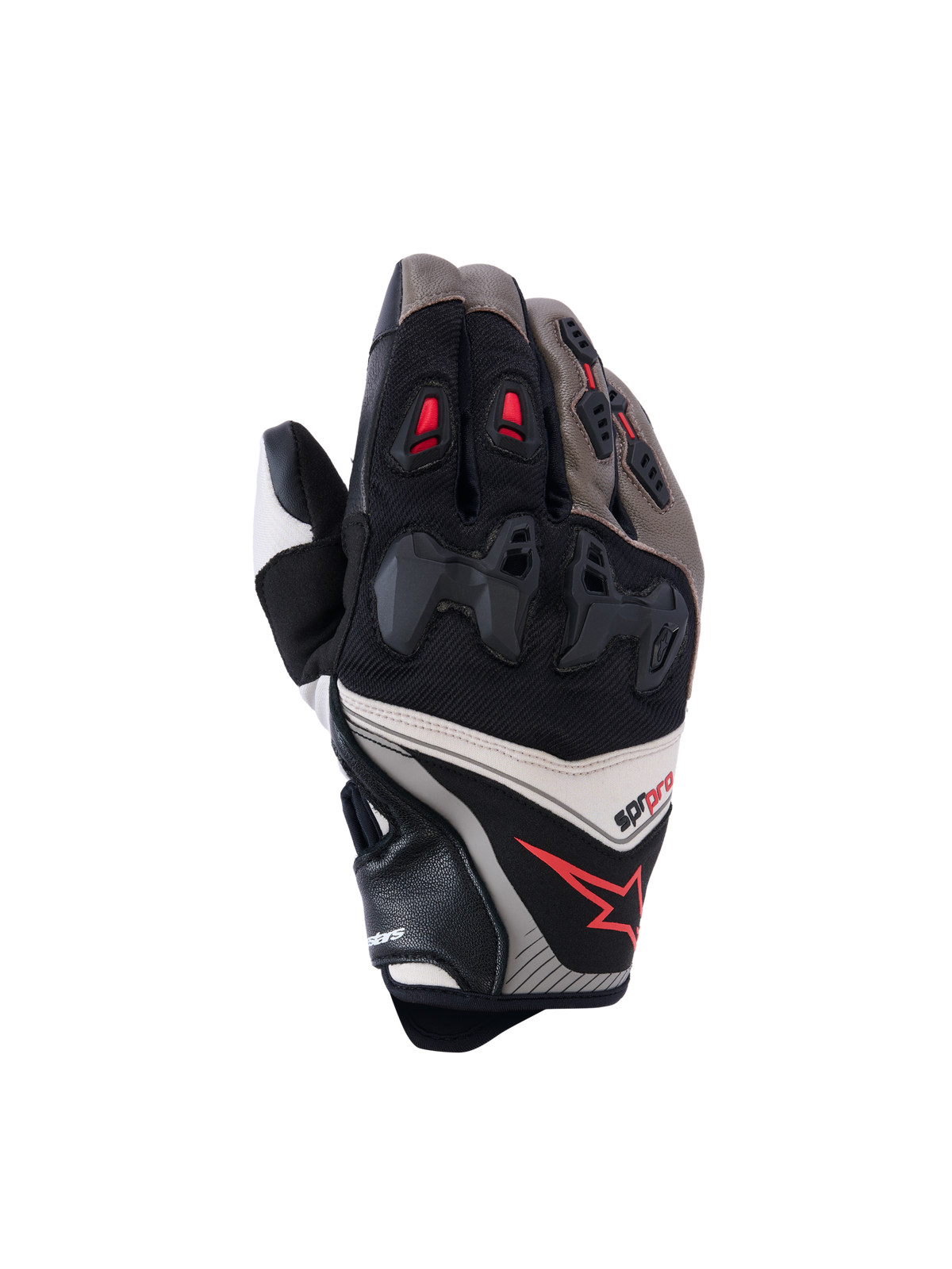 Alpinestars SP-R Pro Gloves, Motorcycle Racing Gloves, Walnut, Mastic, and Black with Red Accents, featuring divided hard knuckle protection, leather and textile construction, performance sport design