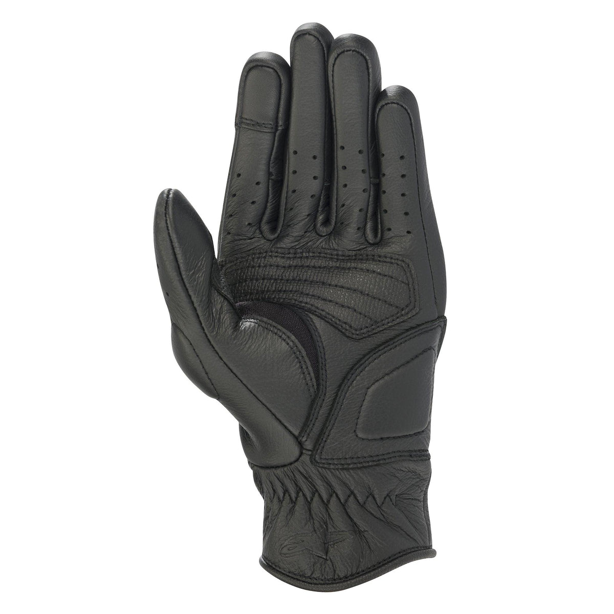 Alpinestars Women Stella Vika V2 Gloves, Black Leather Motorcycle Gloves, palm side view showing reinforced padding, perforated fingers for airflow, and short cuff design