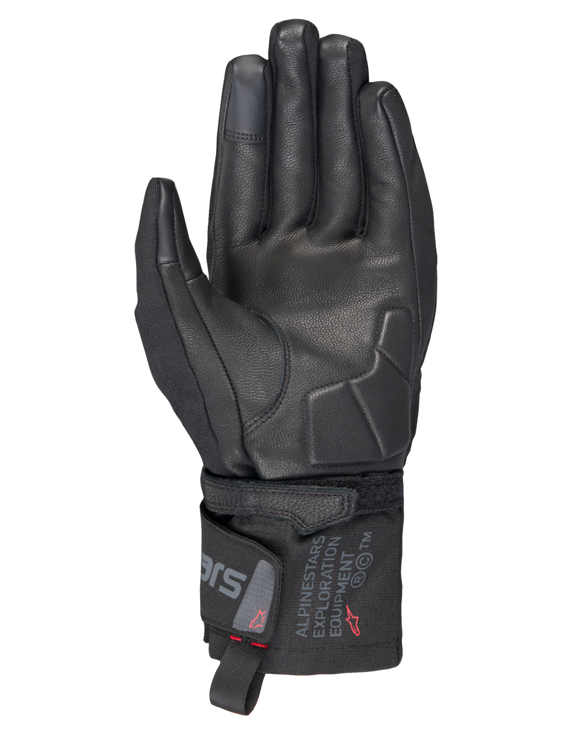 Alpinestars WT-3 Drystar® Insulated Gloves, Black motorcycle gloves, palm view showing leather reinforcement and padded palm, mid-length cuff with Alpinestars Exploration Equipment branding, touchscreen compatible fingertips, durable all-weather touring protection.