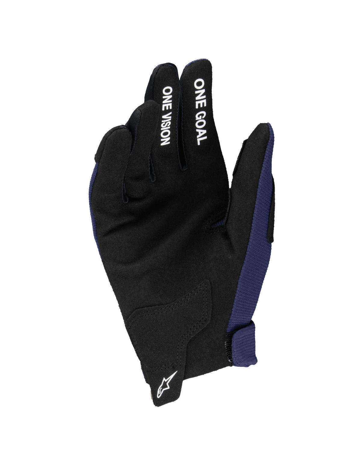 Alpinestars 2025 Youth Radar Gloves, Motocross Gloves, Night Navy and Black, showing synthetic suede palm with 'ONE GOAL' and 'ONE VISION' white text on fingers, white Astars logo on wrist, single-layer construction for off-road riding