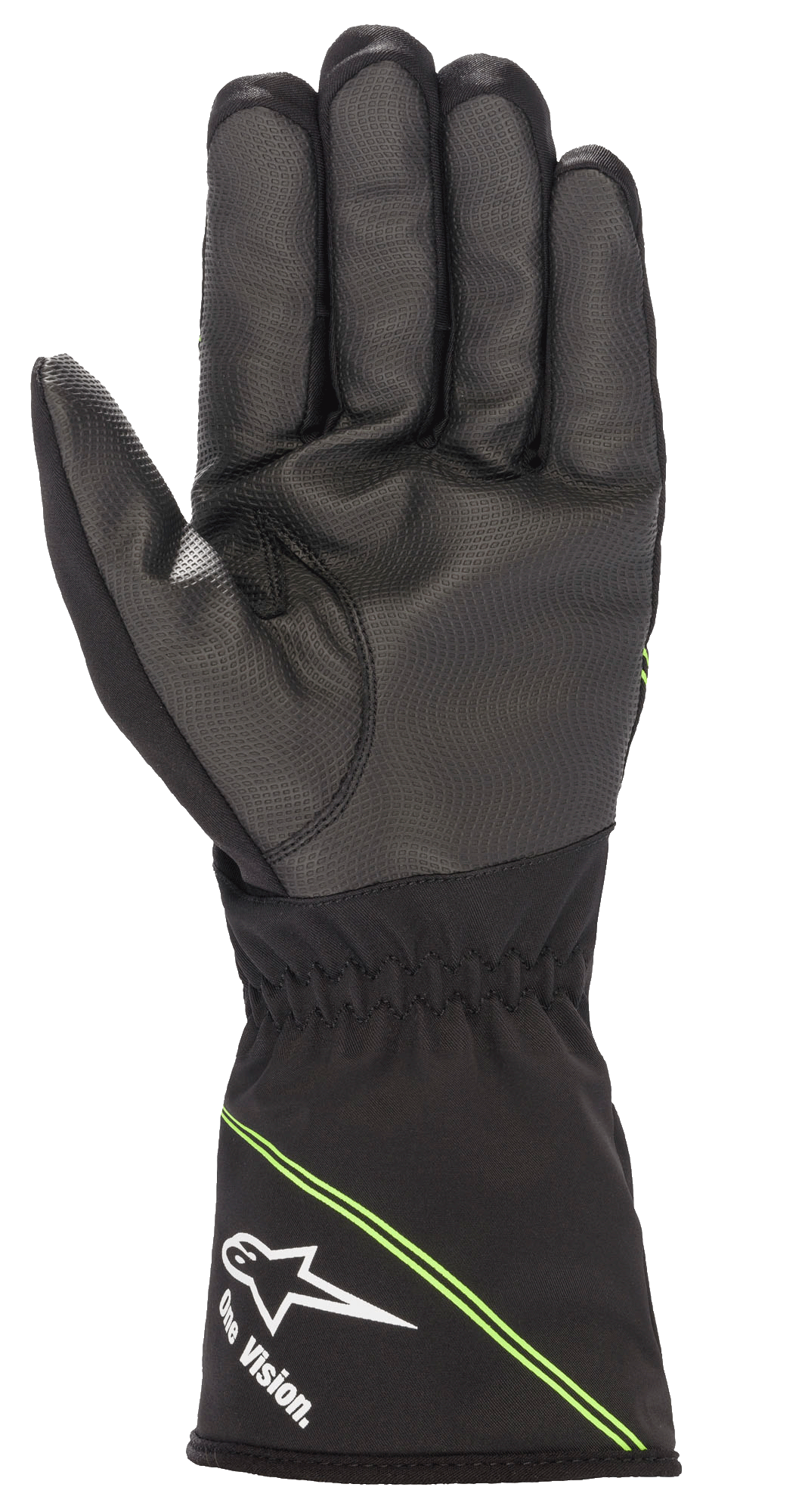 Alpinestars Youth Tempest V2 Waterproof Gloves, Karting Gloves, Black with Fluorescent Green accents, palm view showing textured rubber composite for enhanced grip, gauntlet cuff with white Alpinestars logo and 'One Vision.' branding, diagonal green stripes, designed for wet-weather racing