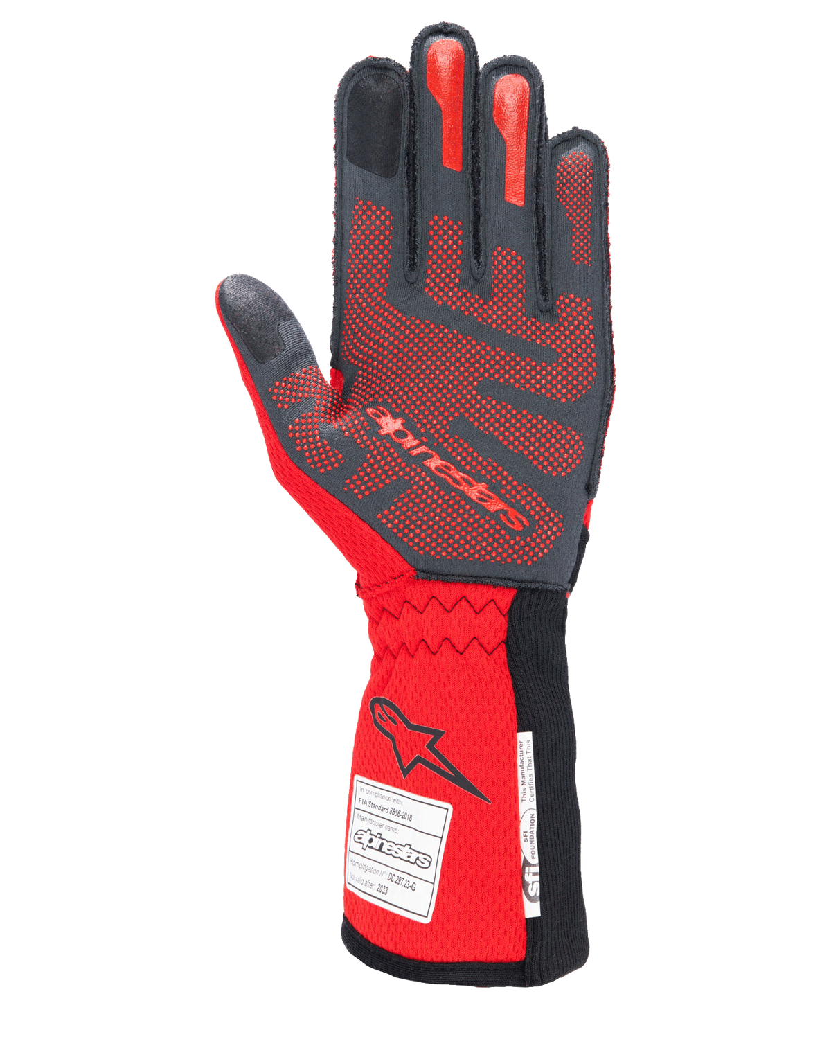 Alpinestars Tech-1 ZX V4 Gloves, Auto Racing Gloves, Black and Red, palm side showing red 3D silicone grip patterning and FIA/SFI homologation labels on the cuff, designed for high-performance motorsport
