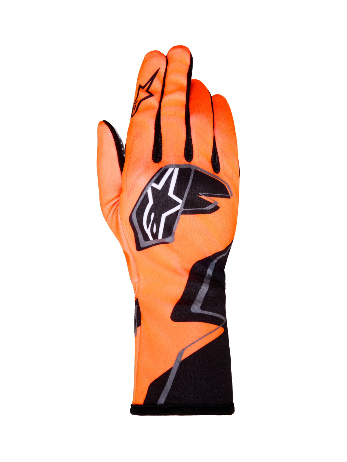 Alpinestars Tech-1 K Race V2 Gloves Graphic 1, Karting Racing Gloves, Orange Fluo with Black and White accents, back view of left-hand glove, bold star logo, form-fitting textile design with angular graphics