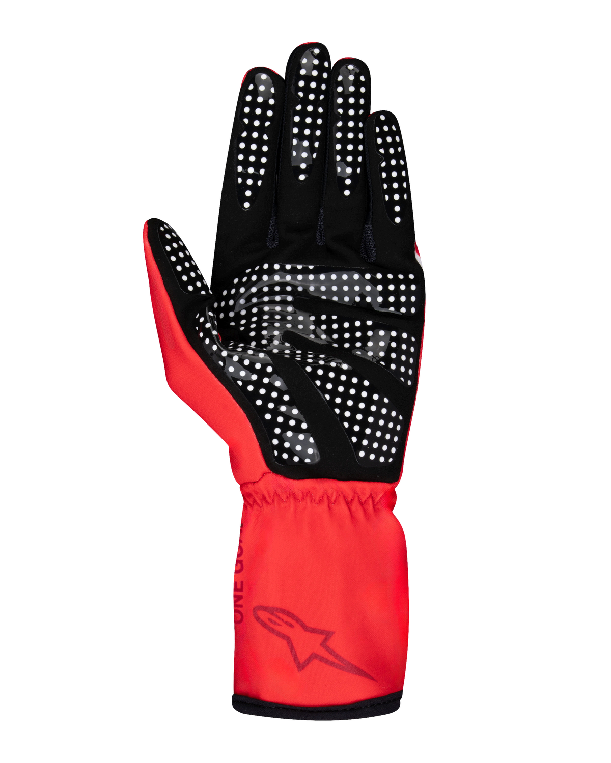 Alpinestars Tech-1 K Race V2 Pure Gloves, Karting Gloves, Red and Black, palm side view featuring silicone print with white dotted pattern for grip, synthetic suede material, elasticated gauntlet cuff with Alpinestars logo