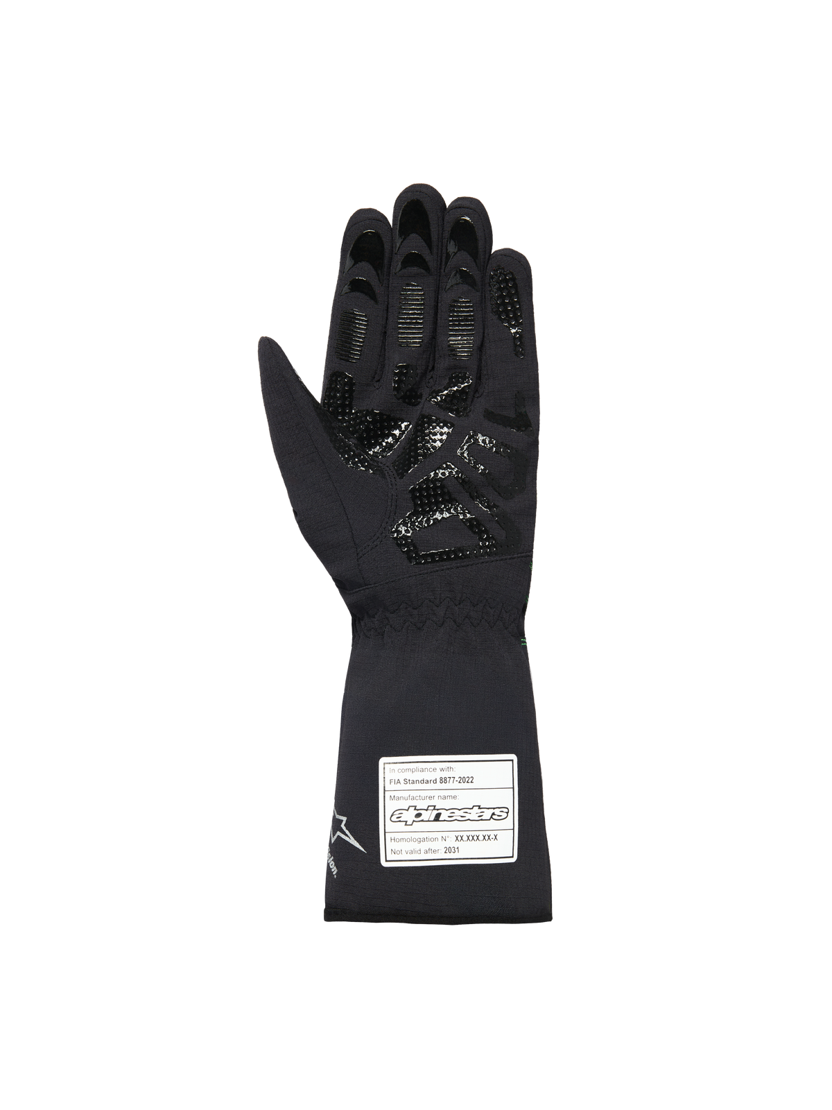 Alpinestars Youth Tempest V3 Waterproof S Gloves, Black karting gloves, palm view showing textured silicone grip pattern on fingers and palm, long gauntlet cuff with white FIA 8877-2022 certification label, waterproof textile design.