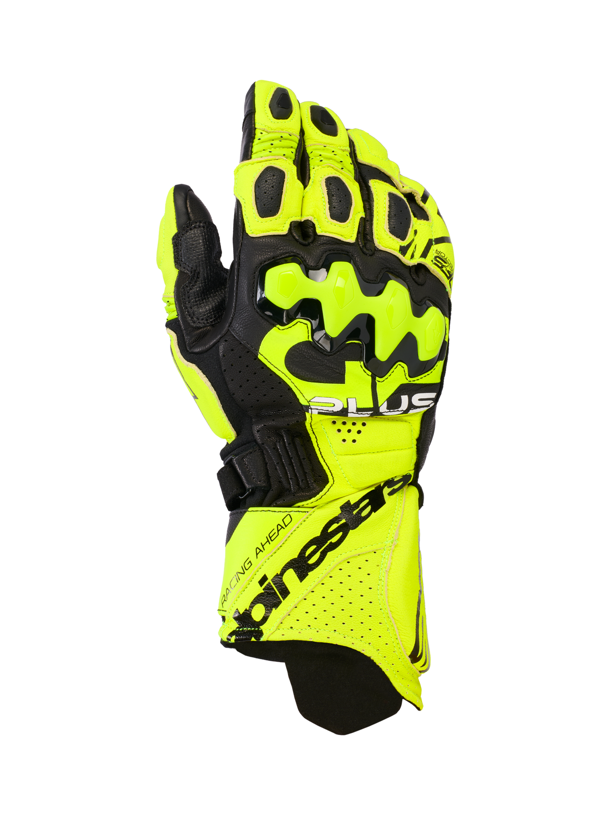 Alpinestars GP Plus R V3 Leather Gloves, Motorcycle Racing Gloves, Yellow Fluo and Black, featuring hard knuckle protectors, perforated ventilation zones, and secure cuff closure with bold branding.