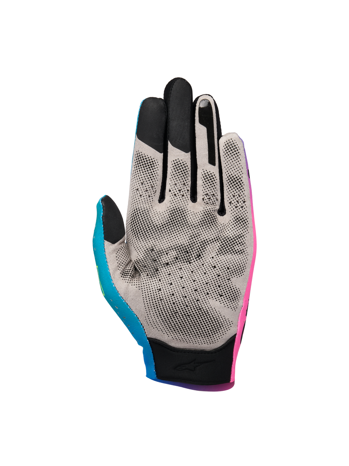 Alpinestars Sim Gloves Graphic 2, SIM Racing Gloves, Pink, Cyan, and Black, palm view featuring grey Nanofront fabric with black 3D grip pattern, touchscreen-compatible fingertips, specialized for virtual racing performance.