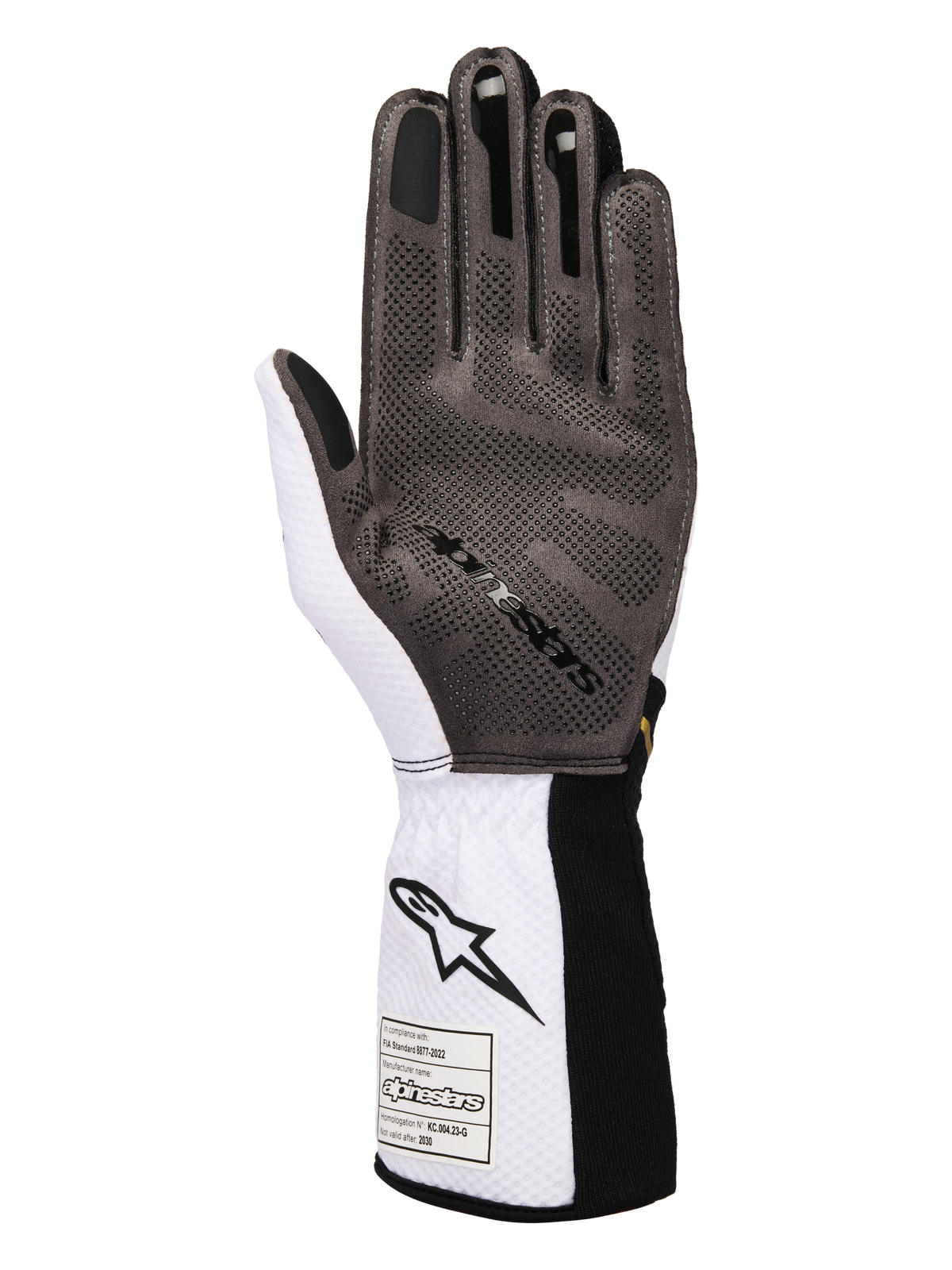 Alpinestars Tech-1 KX V4 Gloves, Karting Gloves, White Black and Gold, palm view showing 3D silicone grip pattern, breathable white mesh construction, and FIA 8877-2022 certification tag on the cuff.