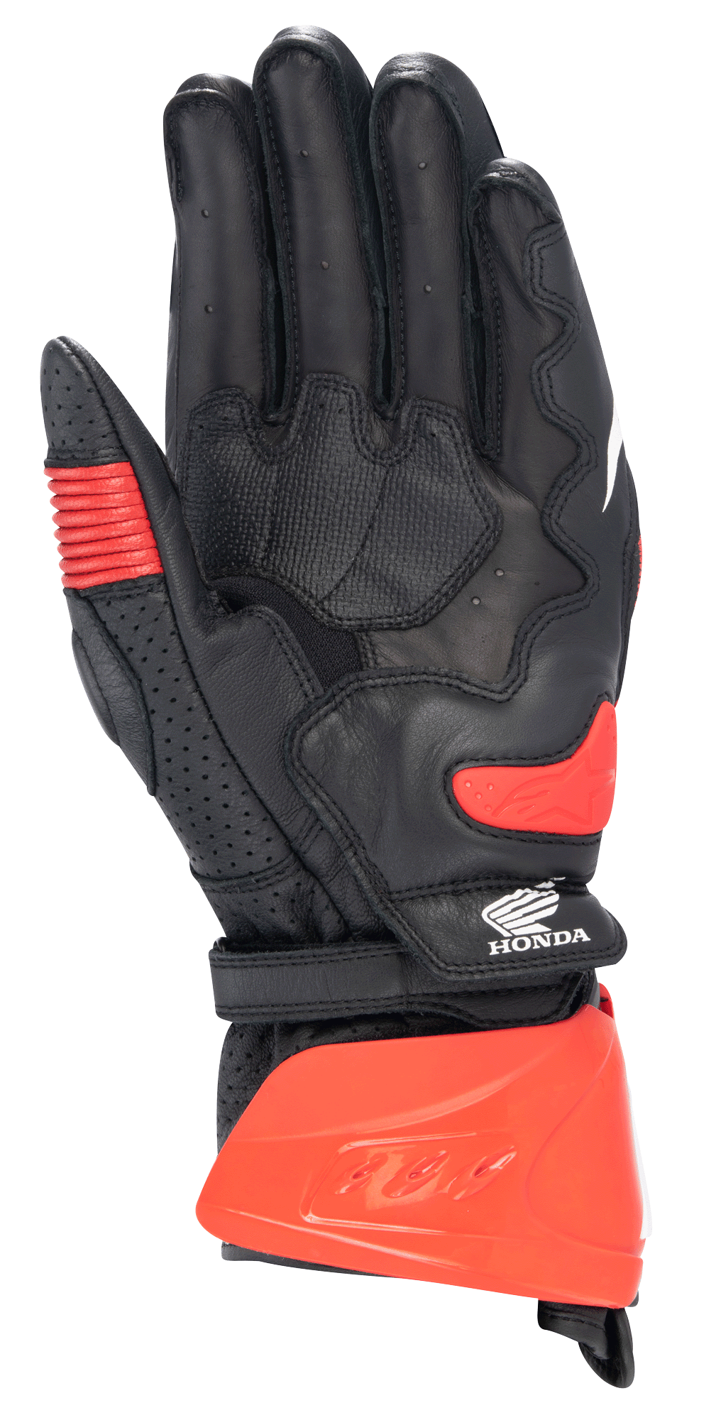Alpinestars Honda GP Pro R3 Gloves, Racing Sport Gauntlet Gloves, Black and Bright Red, palm view featuring a red hard cuff protector, palm slider, and Honda logo, professional motorcycle racing gear