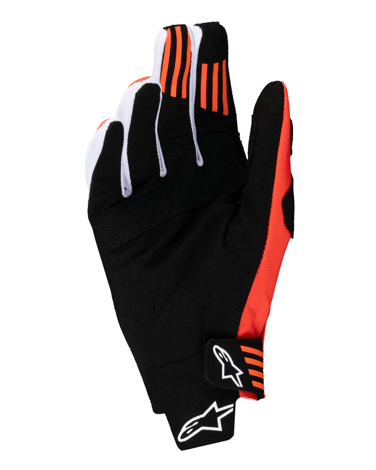 Alpinestars 2025 Techstar Gloves, Motocross Gloves, Black and Hot Orange, palm view featuring synthetic suede, orange silicone grip on index and middle fingertips, and molded closure with white Alpinestars logo.