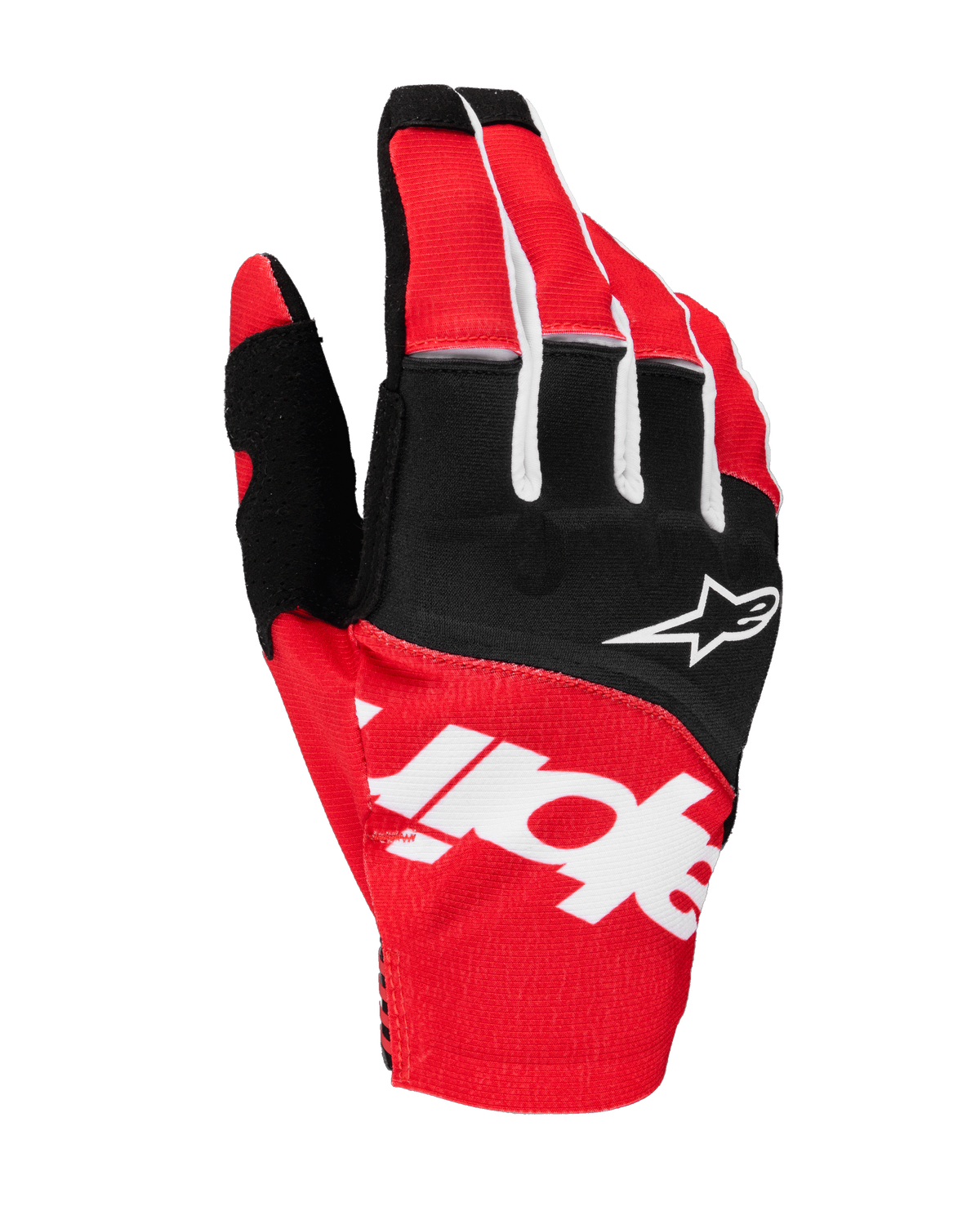 Alpinestars 2025 Techstar Gloves, Motocross Gloves, Black and Bright Red with White Accents, featuring large sublimated Alpinestars branding on the backhand and star logo on the knuckles, durable stretch fabric for off-road racing