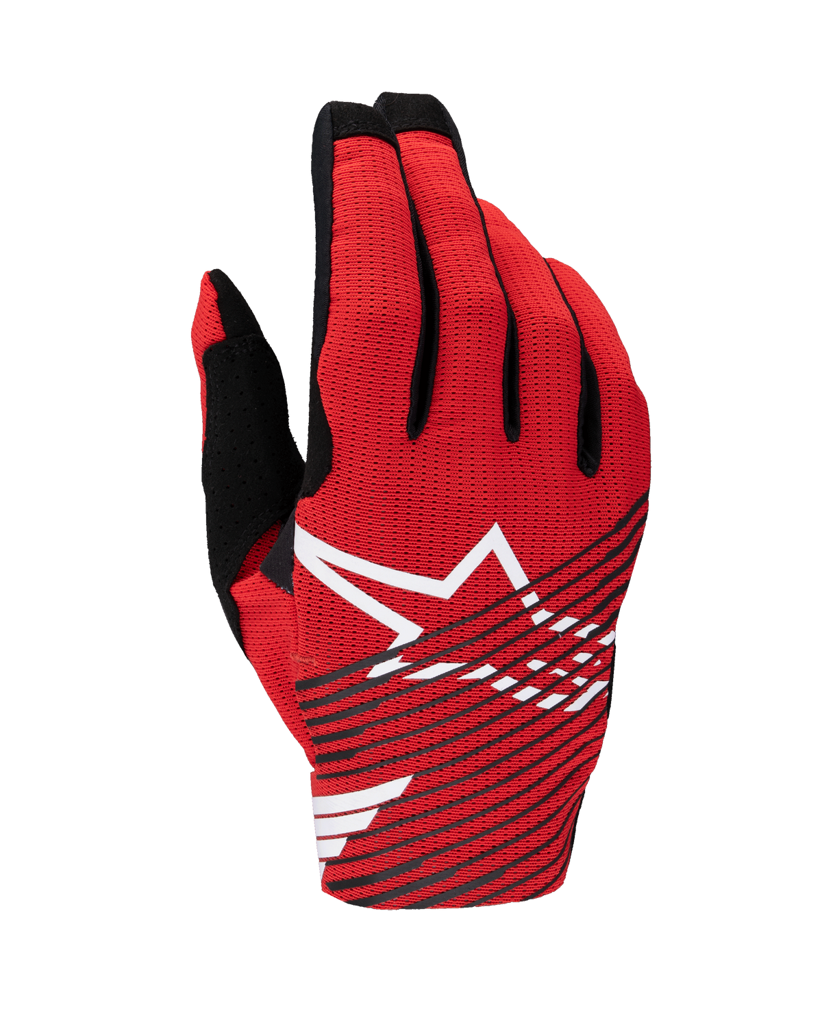 Alpinestars 2025 Radar Pro Gloves, Motocross Gloves, Bright Red Black and White, featuring a large white star logo with black diagonal stripes on a breathable mesh backhand, lightweight performance gear for off-road racing
