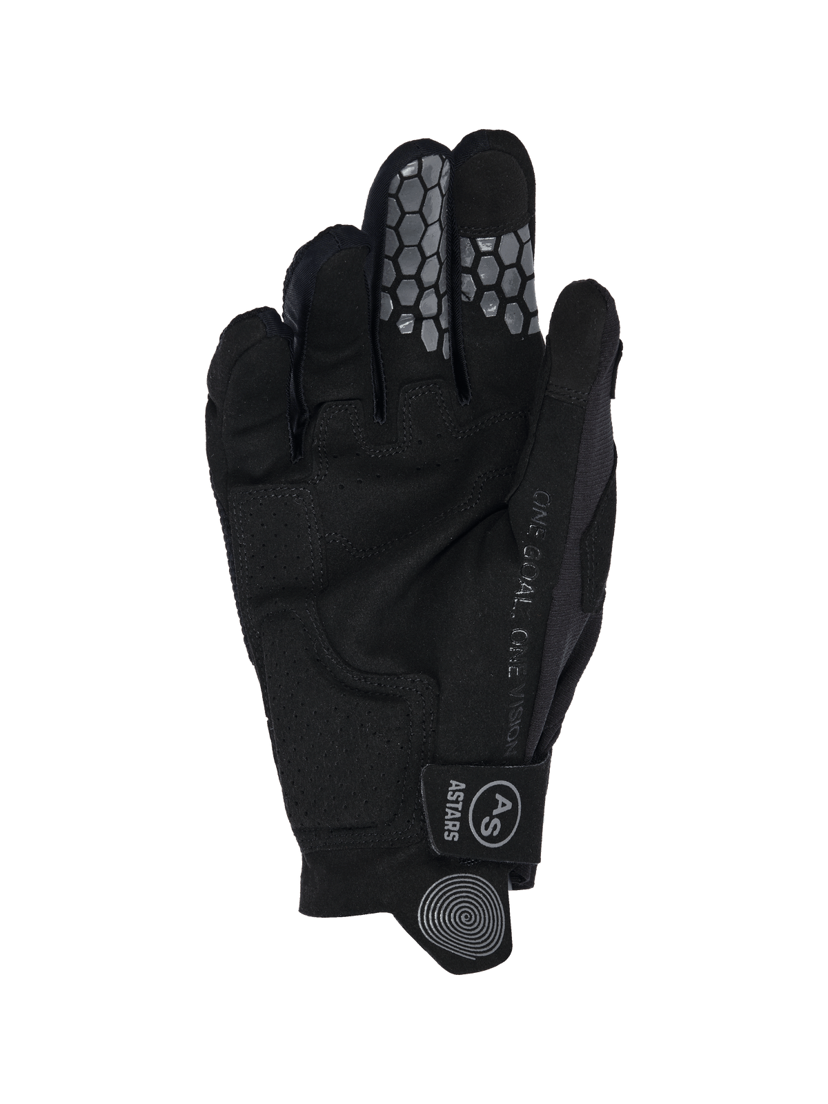 Alpinestars 2026 Radar Pro Gloves, Motocross Gloves, Black, palm side view showing synthetic suede construction, grey honeycomb silicone grip on index and middle fingers, "One Goal. One Vision." text along the side, and hook and loop closure strap with AS logo.
