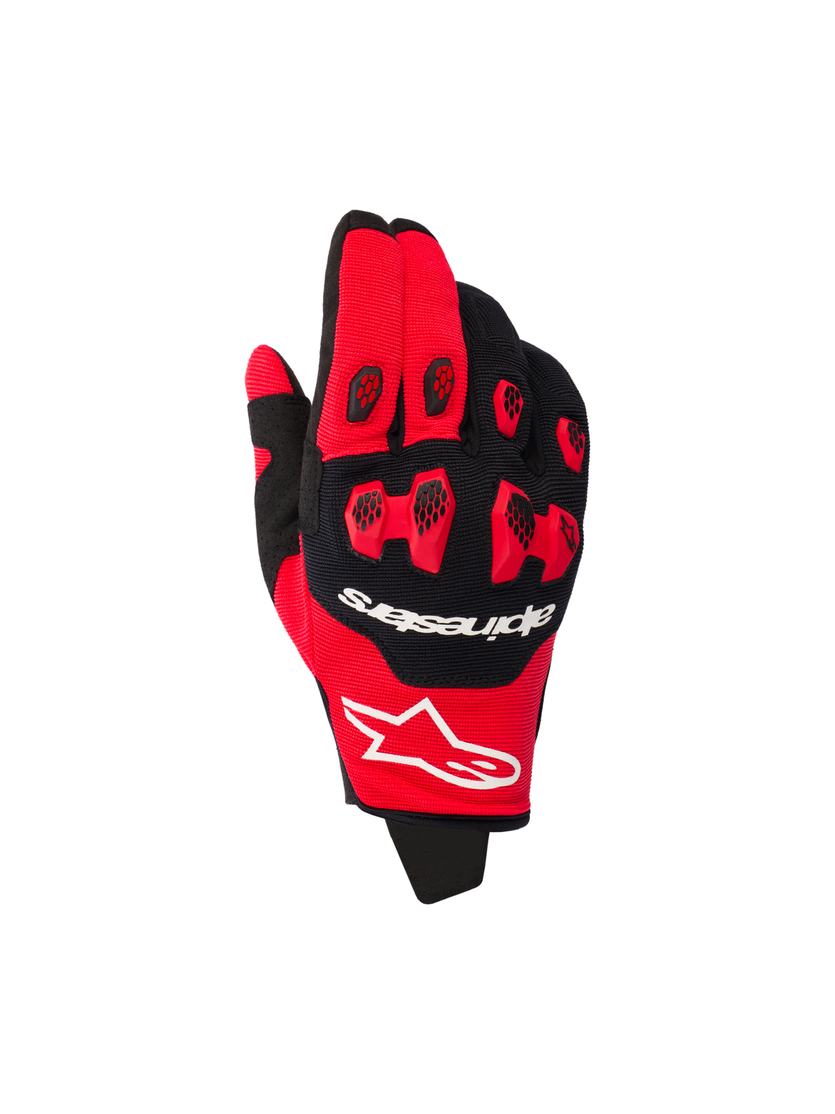 Alpinestars 2026 Pro-Dura Gloves, Motocross Gloves, Bright Red and Black, featuring red TPR knuckle protection with black honeycomb inserts, white brand logos, multi-panel stretch construction for off-road racing