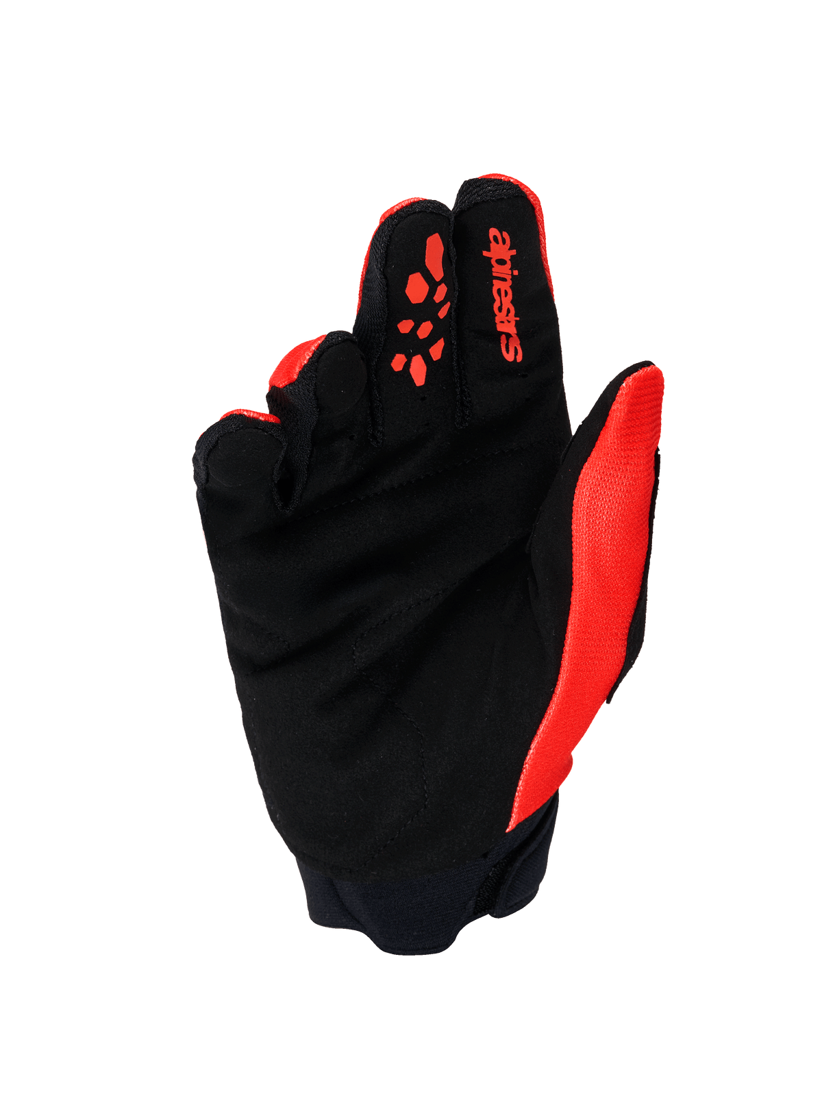 Alpinestars Full Bore V2 Gloves, Motocross Gloves, Orange and Black, palm side view showing reinforced synthetic suede palm, orange silicone finger grips, red Alpinestars logo on the index finger, and neoprene cuff.
