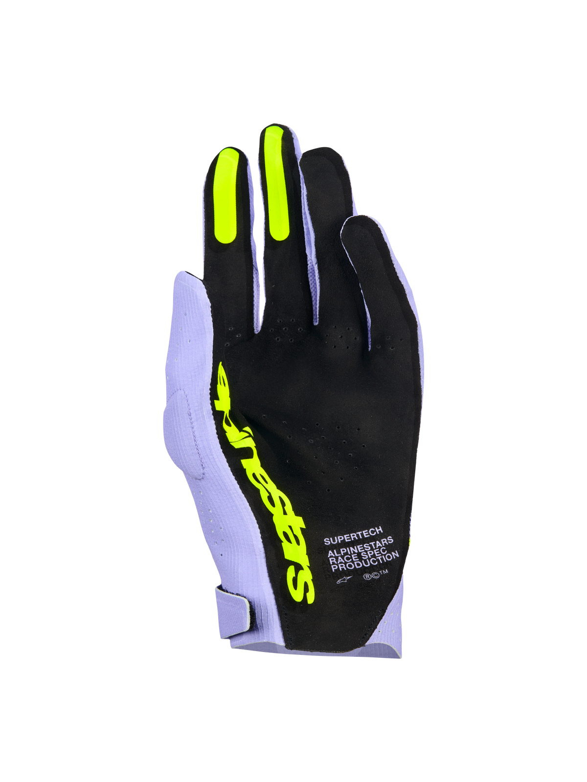 Alpinestars Supertech MX Gloves, Motocross Gloves, Lavender Violet and Fluo Yellow, palm side view featuring black perforated material, fluo yellow silicone grips on index and middle fingers, bold yellow Alpinestars branding, and 'Race Spec Production' text, high-performance off-road racing gear