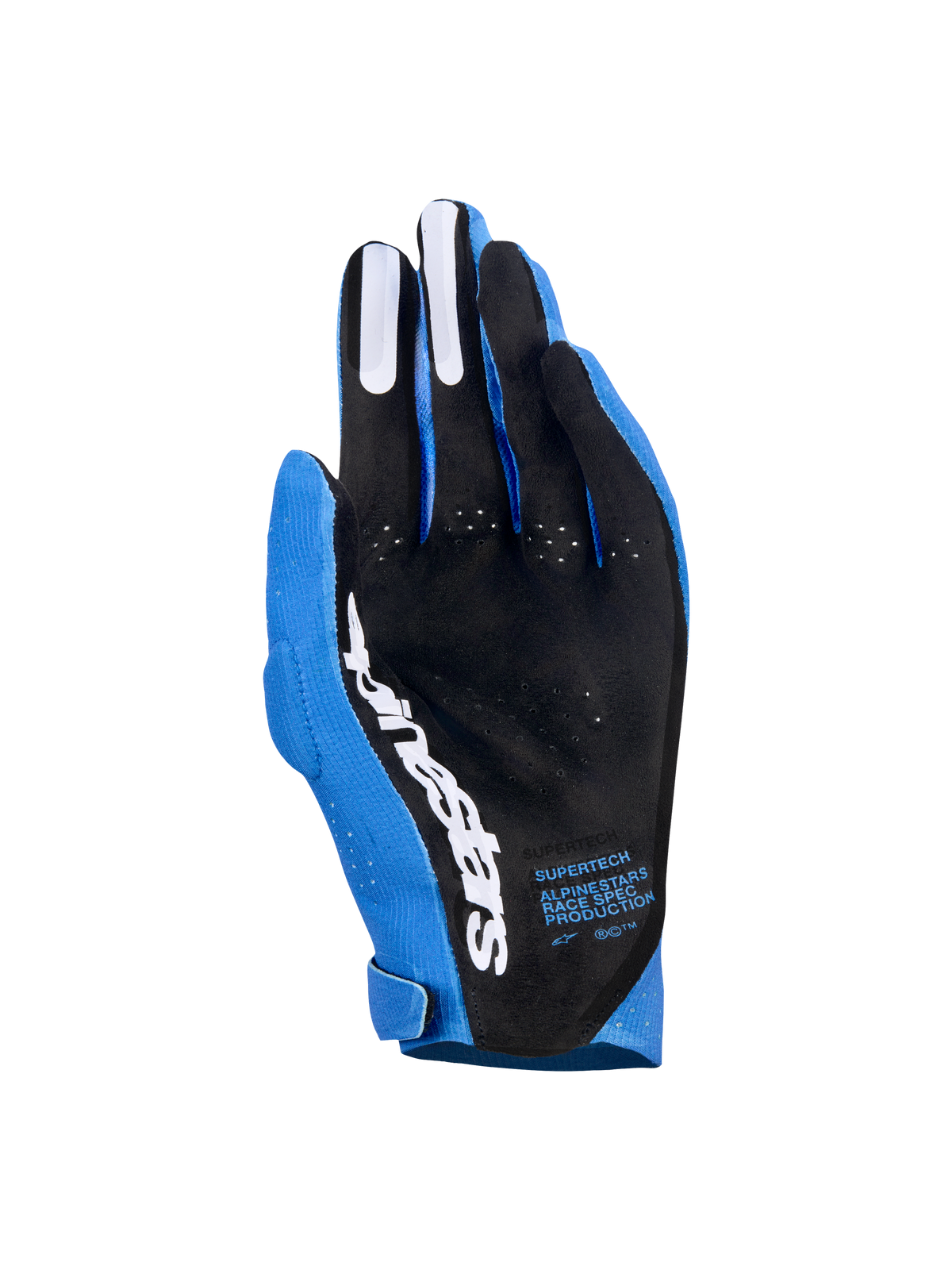 Alpinestars Supertech MX Gloves, Motocross Gloves, Ucla Blue and Deep Blue with White accents, palm view showing black perforated material, white Alpinestars logo, silicone finger grips, and technical text, professional off-road racing gear