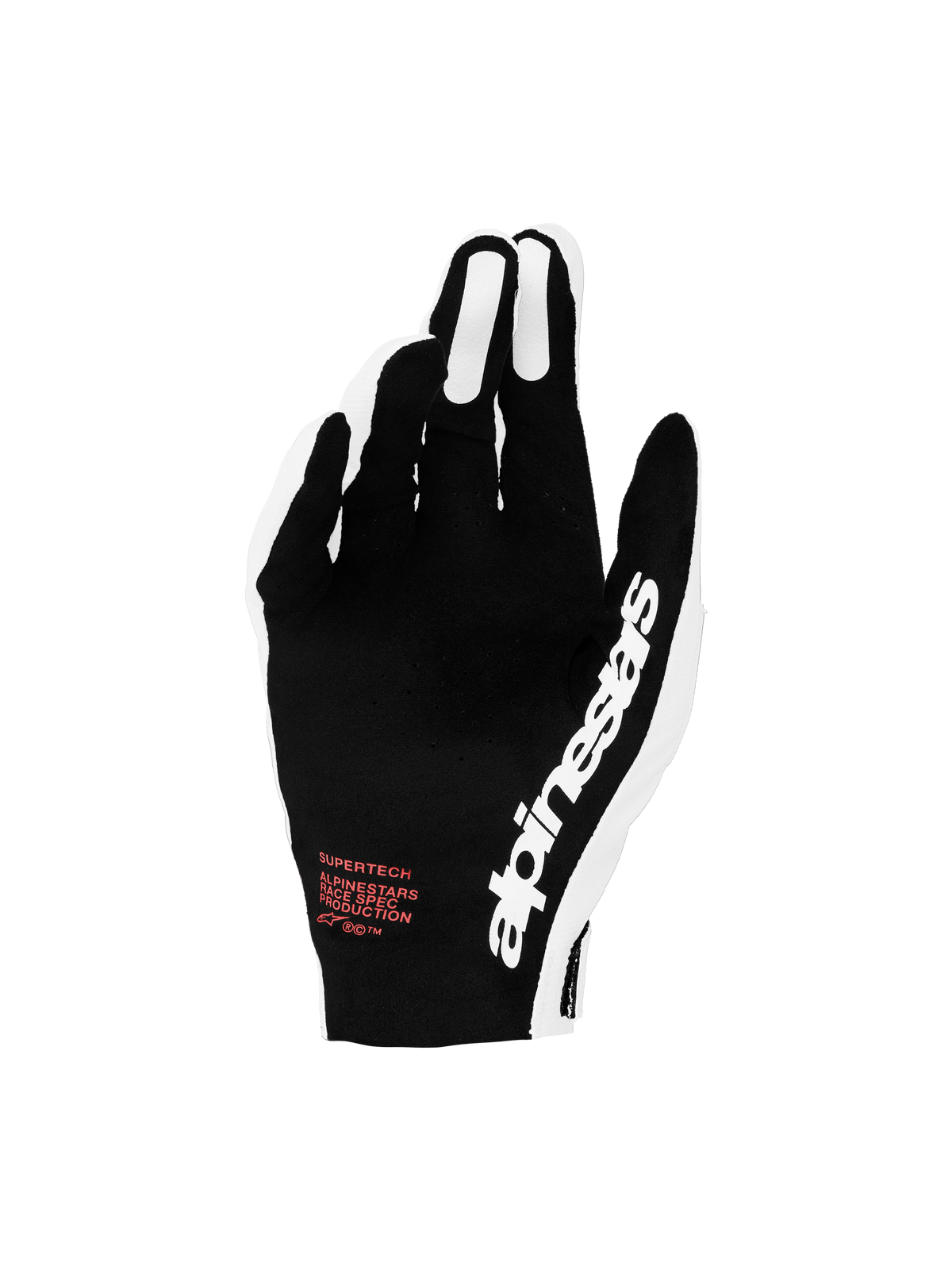 Alpinestars Supertech MX Gloves 2027, black and white motocross racing gloves with red accents and perforated backhand.