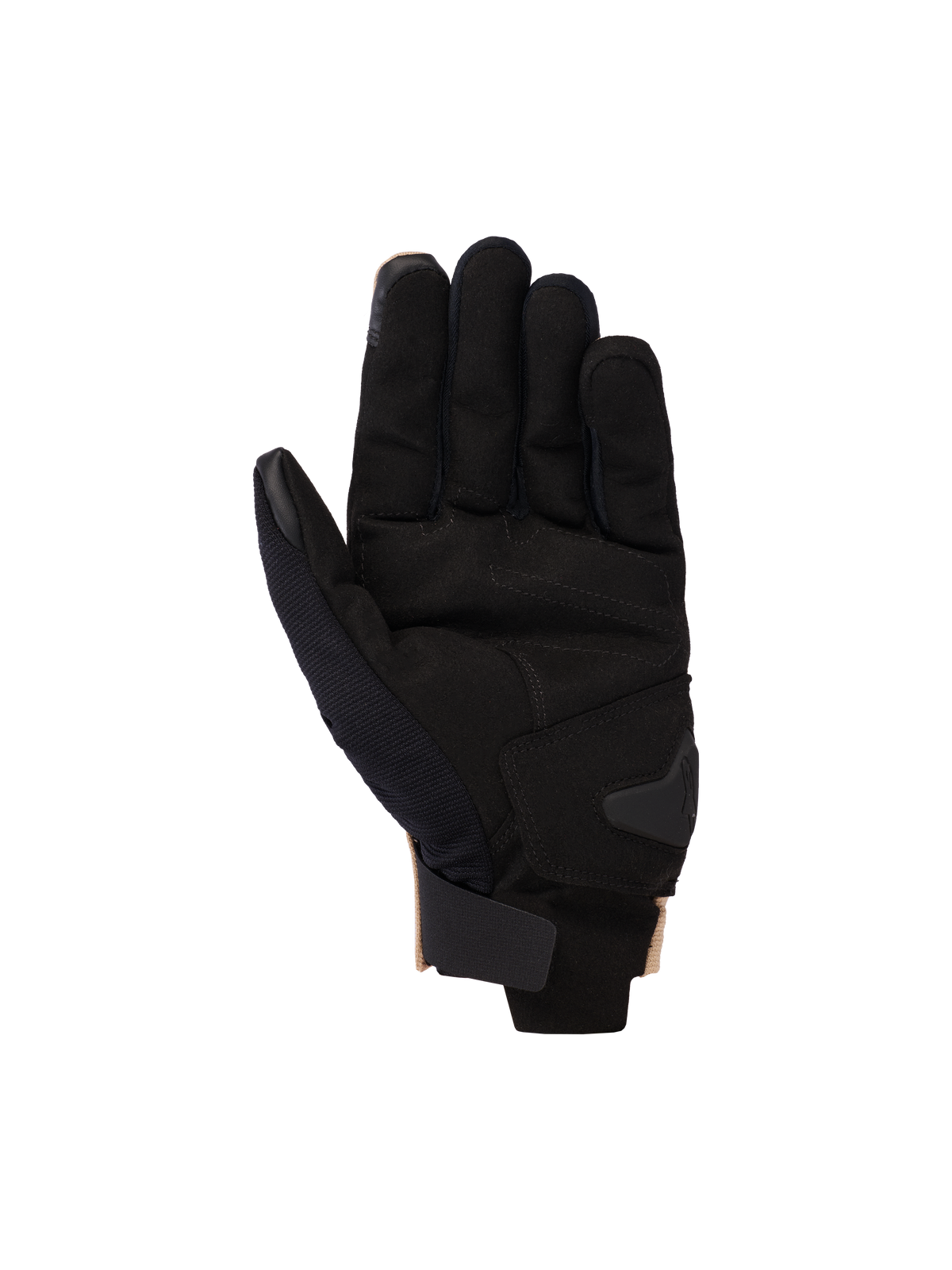 Alpinestars 2025 Reef V2 Gloves, Motorcycle Gloves, Sand Black, palm side view showing synthetic suede palm with padded reinforcement, short cuff with hook-and-loop strap, and touchscreen compatible fingertips