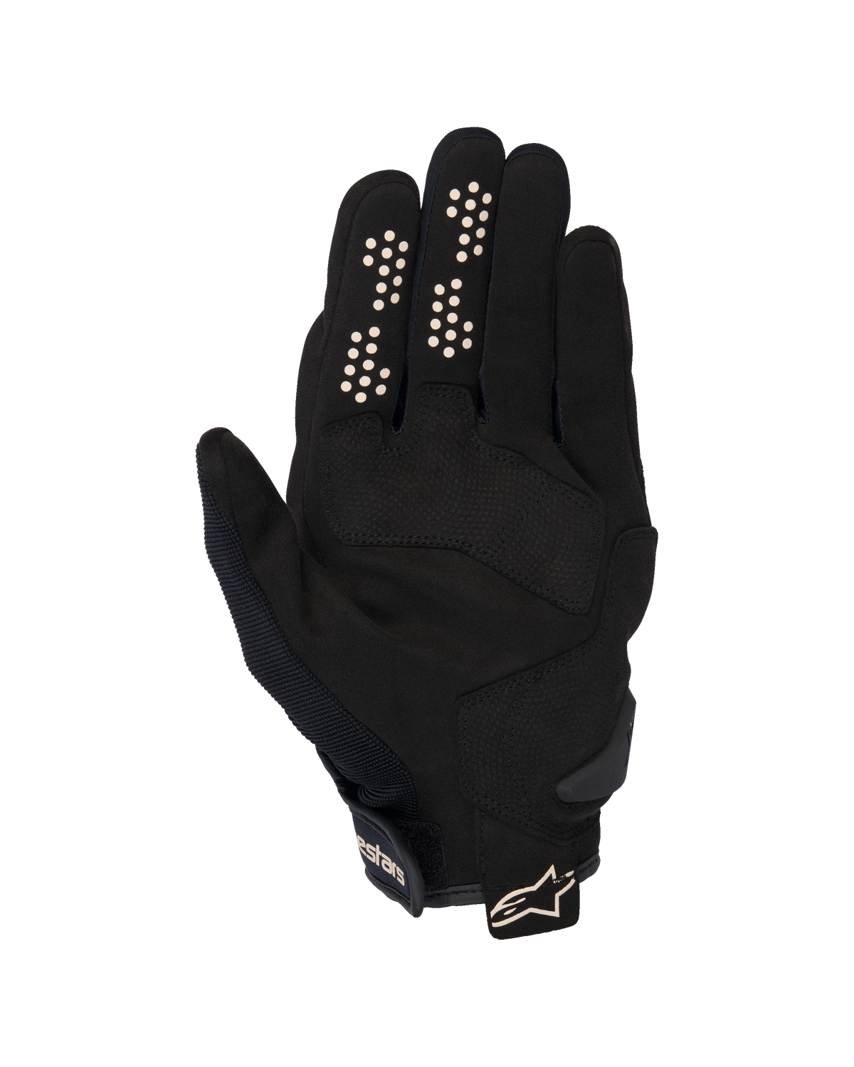 Alpinestars Chrome V2 Gloves, Urban Motorcycle Gloves, Black and Almond, palm side view featuring synthetic suede palm, silicone grip dots on index and middle fingers, and short cuff with adjustable strap and logo.