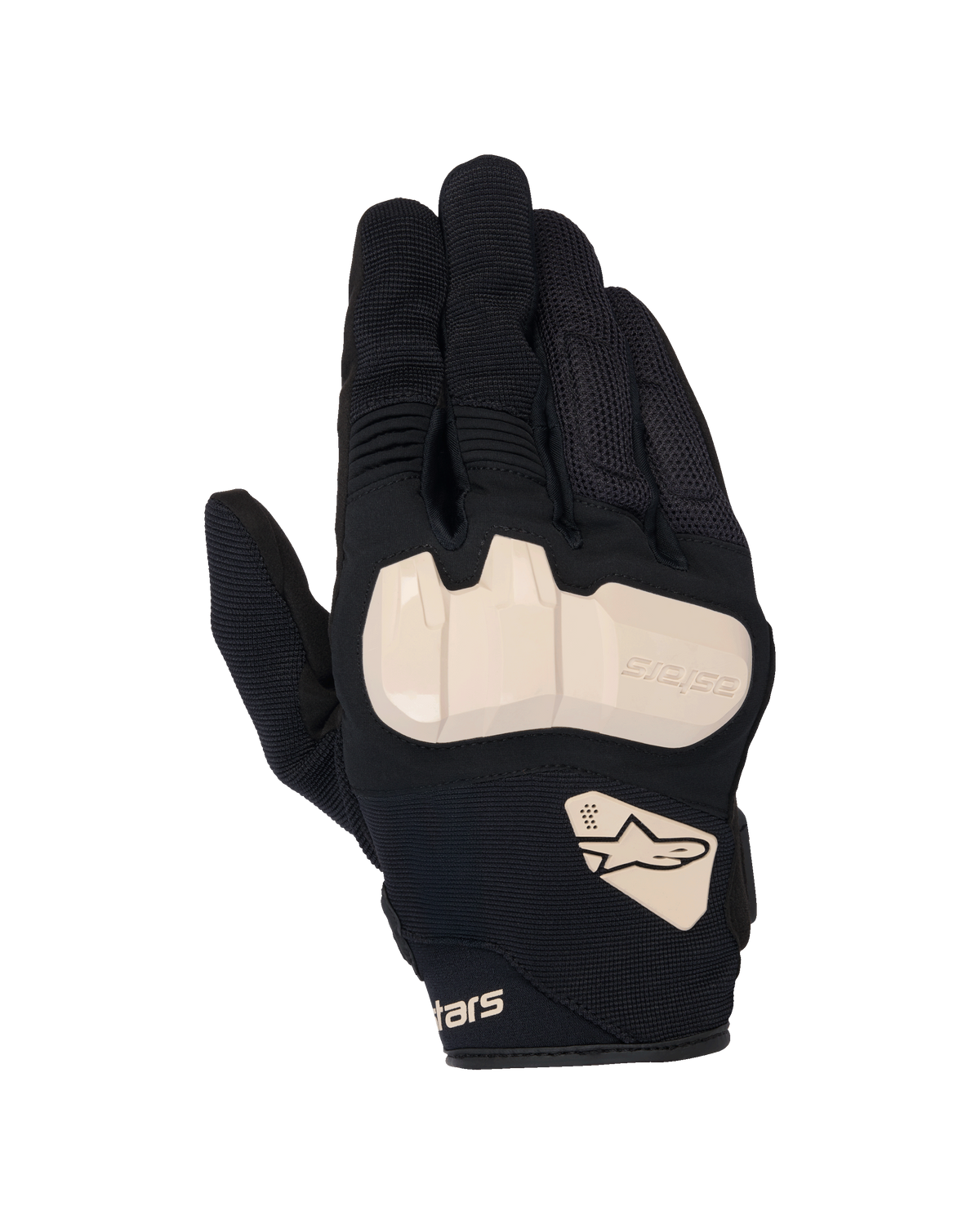 Alpinestars Chrome V2 Gloves, Motorcycle Gloves, Black with Almond accents, top view showing TPU knuckle protection, mesh and stretch fabric construction, accordion panels on fingers