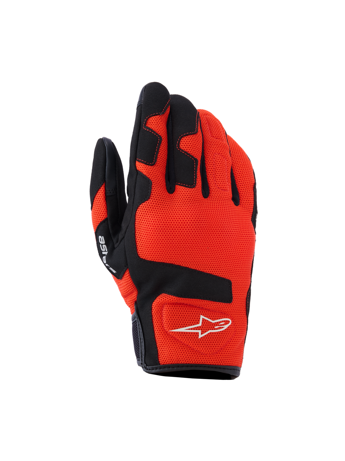 Alpinestars Ignite Gloves, Motorcycle Gloves, Red Tangerine and Black, breathable mesh textile, black reinforcements on fingers and knuckles, white star logo, short cuff design