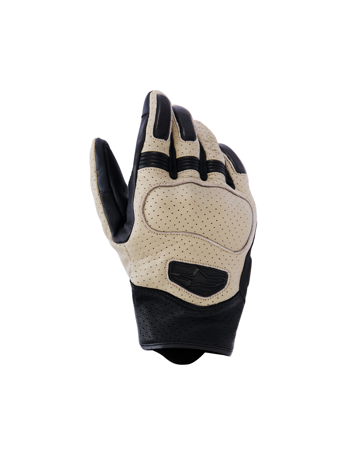 Alpinestars Mustang V3 Leather Gloves, Motorcycle Gloves, Brown and Black, featuring perforated goat leather for airflow, short cuff urban design with protective knuckle padding and embossed logo