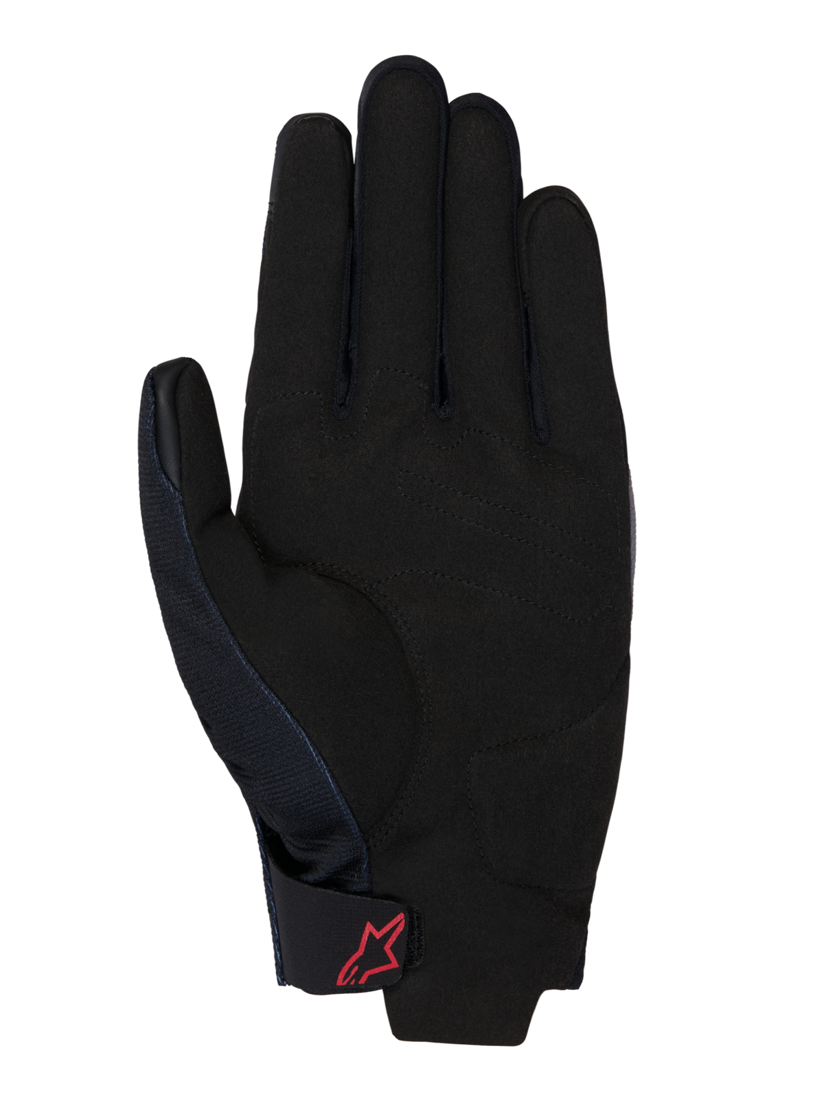 Honda Reef V2 Gloves, palm view, black synthetic suede with padded reinforcement, red Alpinestars logo on the hook-and-loop wrist strap, short cuff design for motorcycle riding