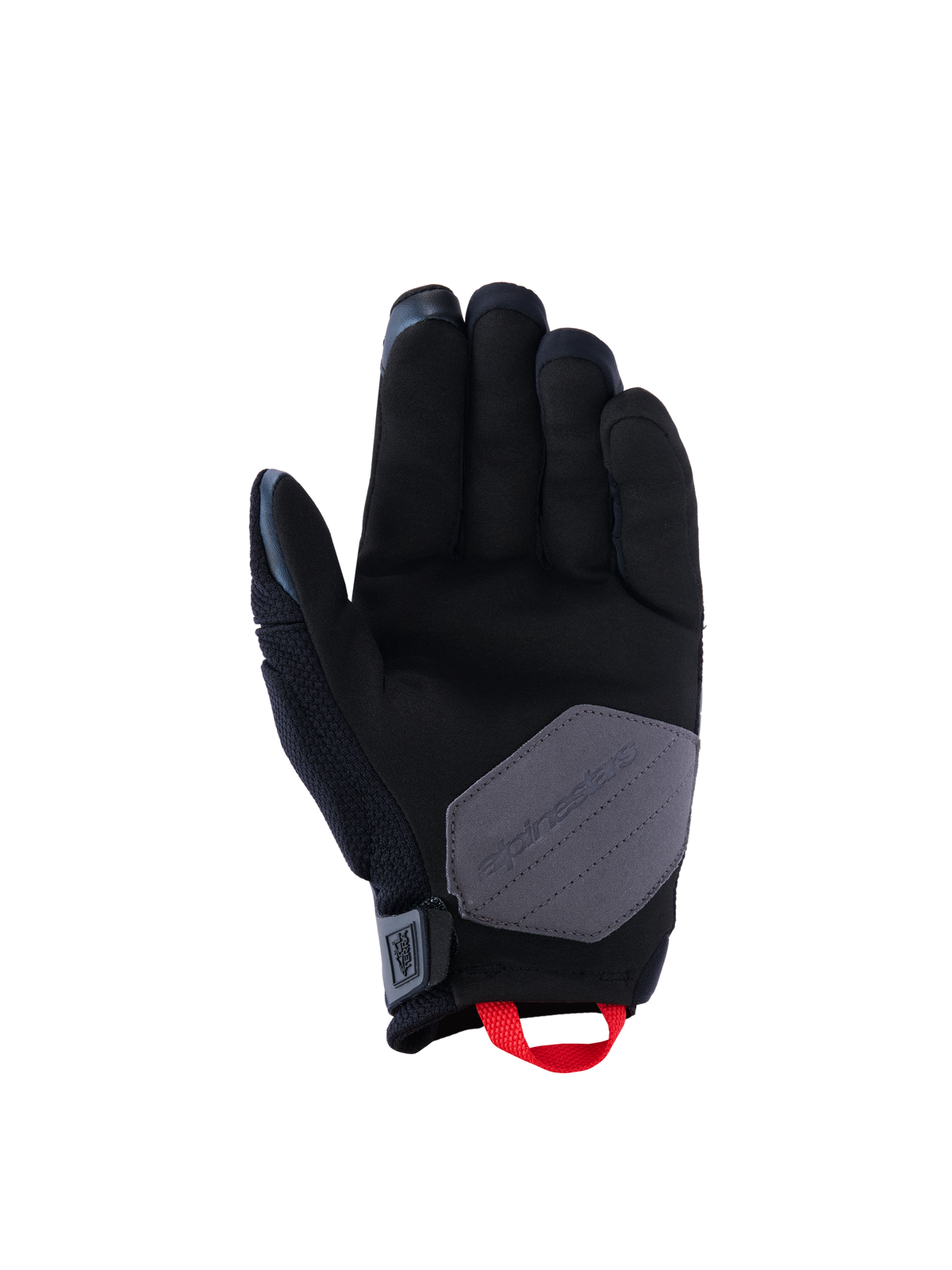 Alpinestars Durack Gloves, Motorcycle Gloves, Black Deep Gray and Bright Red, palm view showing synthetic suede construction with a gray reinforcement patch and bright red pull loop, adventure and dual-sport riding gear
