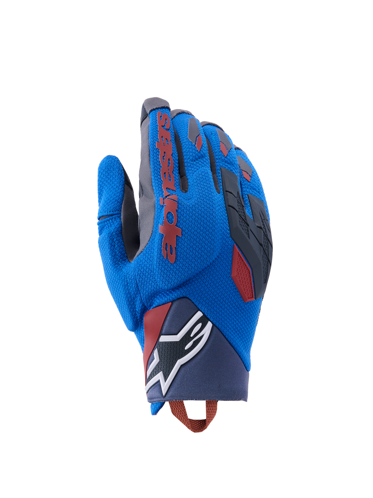 Alpinestars Durack Gloves, Adventure Motorcycle Gloves, Royal Blue and Deep Gray, textile backhand with TPR knuckle protection, red Alpinestars logo on index finger, white star logo on wrist, lightweight summer dual sport protection