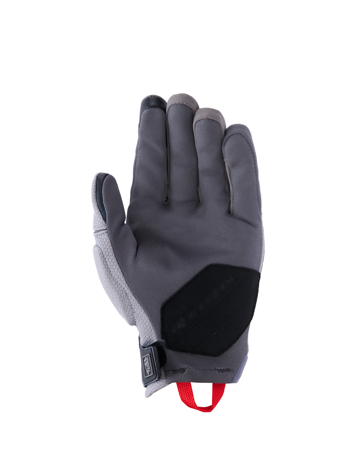 Alpinestars Durack Gloves, Motorcycle Gloves, Dark Gray and Mid Gray, palm view featuring synthetic suede construction with a black reinforced palm patch, red pull loop, and neoprene wrist closure, short cuff adventure riding gear