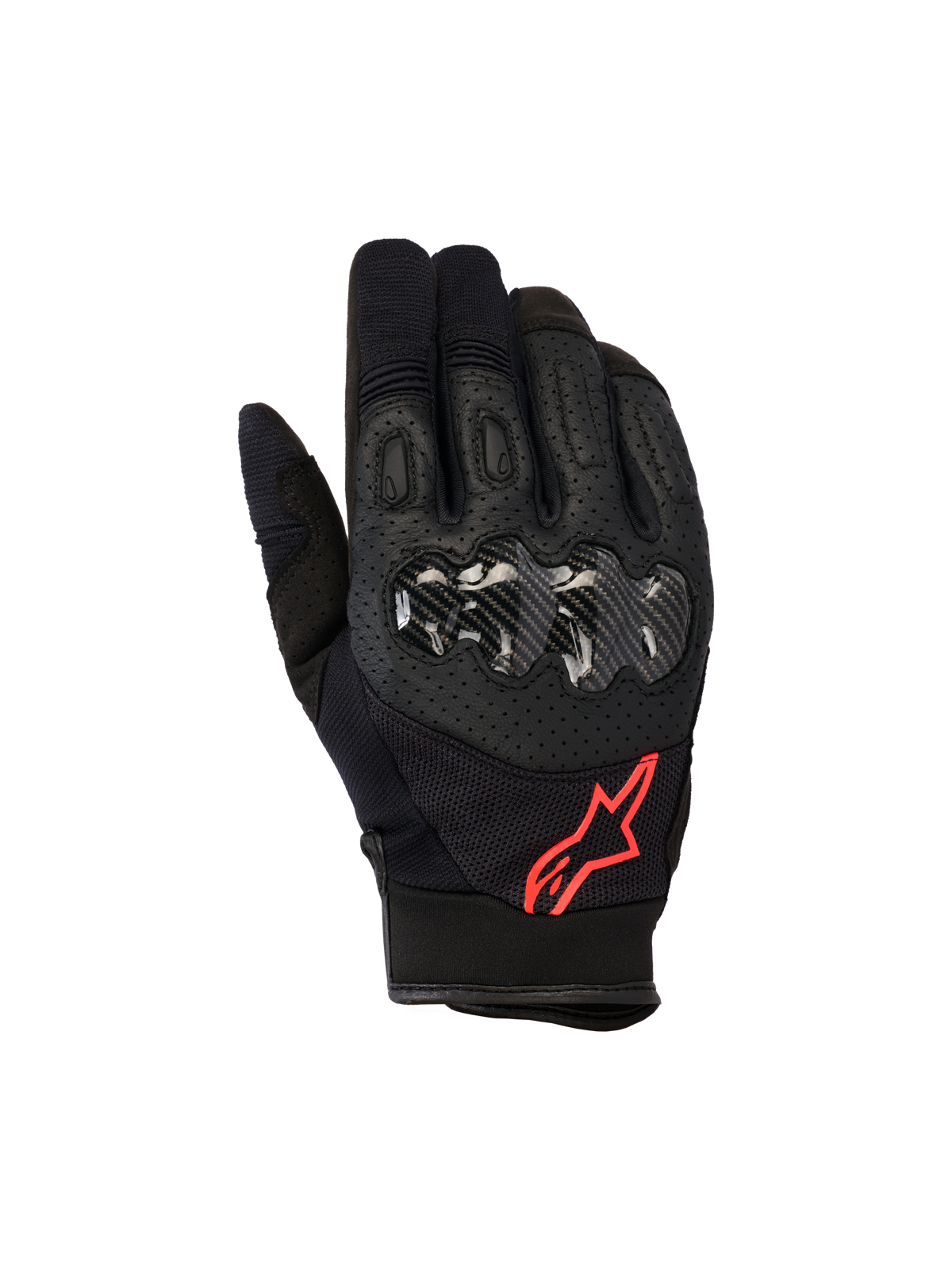 Alpinestars Megawatt V2 Gloves, Motocross Gloves, Black and Red Fluo, featuring carbon-textured hard knuckle protection, perforated leather for ventilation, and red star logo, durable off-road gear