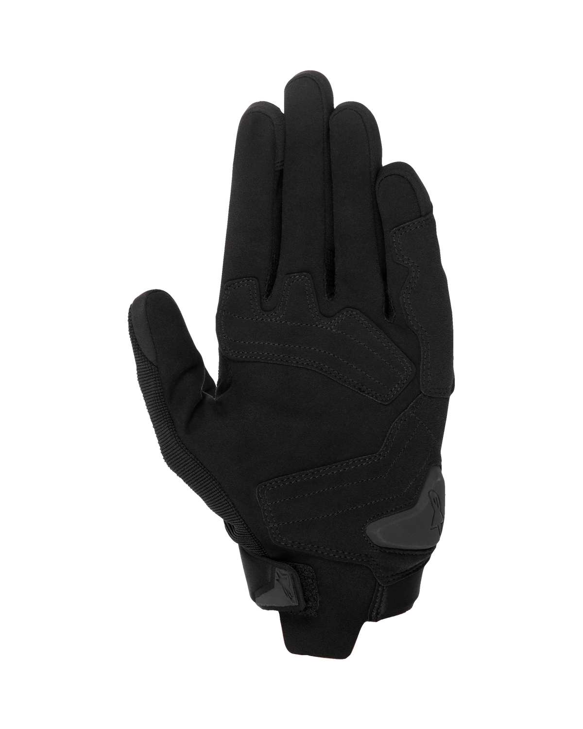 Alpinestars SP X 1 Gloves, Black/Black motorcycle gloves, palm view showing synthetic leather construction with reinforced strike zones, TPR palm slider, and compact cuff closure.