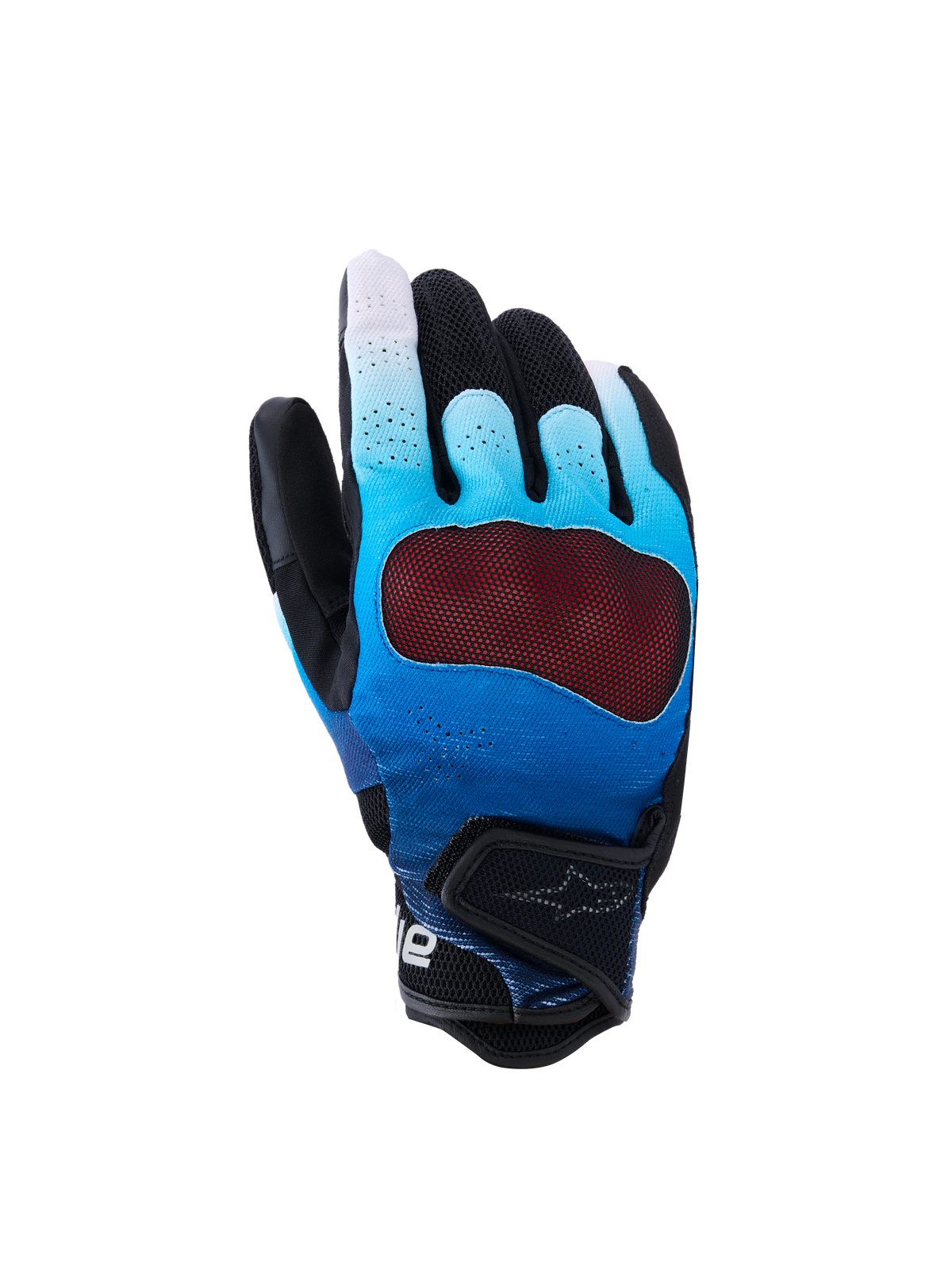 Alpinestars Mogress Airflow Gloves, Motorcycle Gloves, Fading Blue and Black, featuring a red see-through knuckle protector, breathable perforated backhand with 3D mesh panels, short cuff with adjustable strap, urban riding design