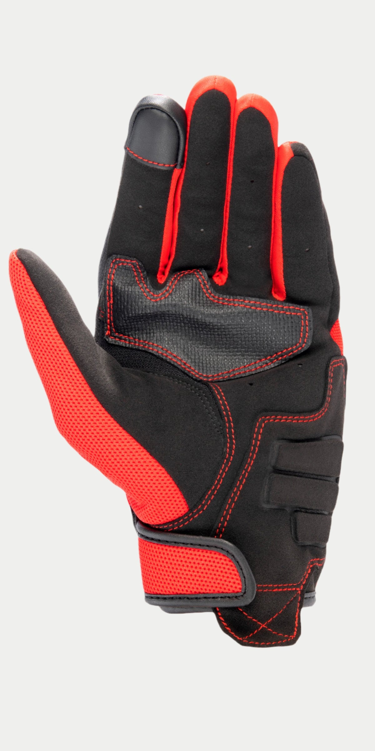 Alpinestars MM 93 Losail V2 Glove, Motorcycle Glove, Black and Bright Red, palm view featuring synthetic suede construction, reinforced red stitching, touchscreen-compatible fingertip, and breathable red mesh on the thumb and wrist strap.