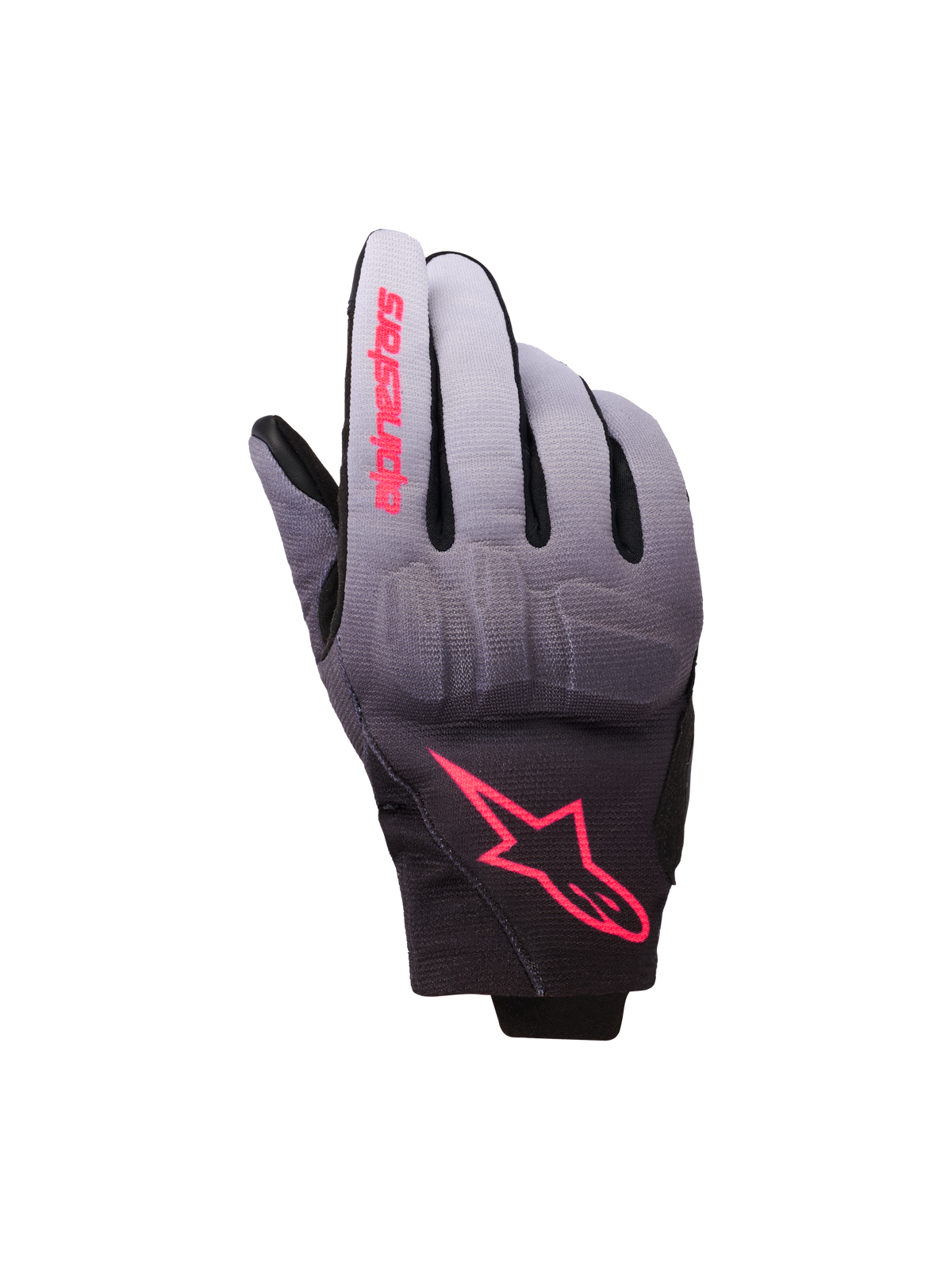 Alpinestars Reef Women's V2 Gloves, Motorcycle Gloves, Gray Black and Pink Fluo, gray to black gradient textile with pink logo accents, integrated knuckle protection and short cuff design, contemporary urban riding gear for women