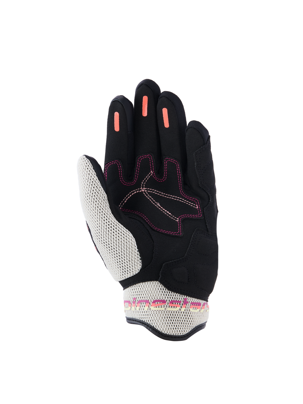 Alpinestars Woman Stella Mogress Airflow Gloves, Motorcycle Gloves, Black Ecru Fading Coral, palm side view showing white 3D mesh on thumb and cuff, coral silicone grip strips on fingers, and pink stitching accents
