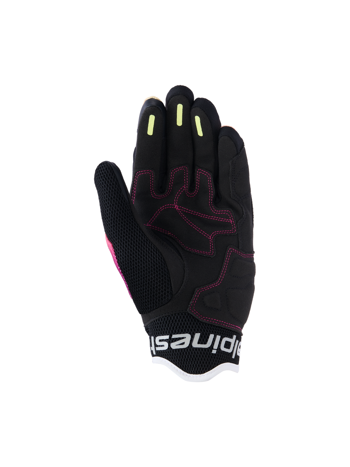Alpinestars Woman Stella Mogress Airflow Gloves, Urban Motorcycle Gloves, Fading Coral Black, detailed palm view featuring pink stitching, yellow silicone grip stripes on fingers, and breathable mesh construction.