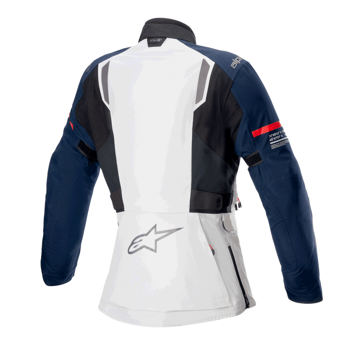 Alpinestars Women Stella ST-7 2L GORE-TEX Jacket, back view, Ice Gray Dark Blue and Black, featuring red stripe on the sleeve and Alpinestars logo, adventure touring motorcycle gear