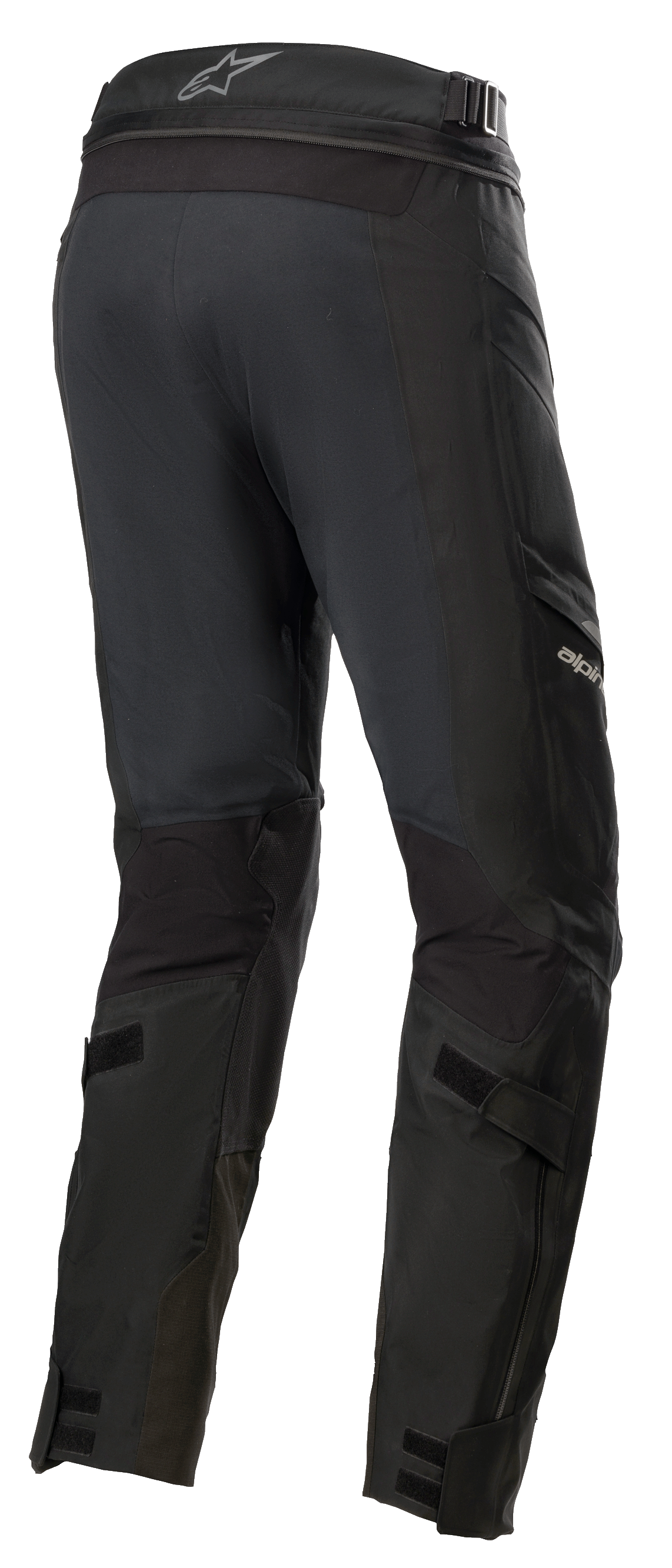 Alpinestars Road Tech GORE-TEX Pants Short, Black, rear 3/4 view featuring waist connection zipper, adjustable calf straps, and ballistic nylon reinforcements, waterproof adventure touring gear